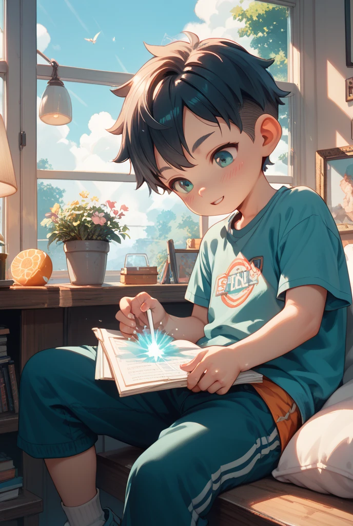 (A boy sits and looks down playing with his phone 1.9),A boy with,Head down and play with your phone,
The Tyndall effect,lens flare glow,shadowing,Contre-Jour, depth of fields, natural lightting, hardfocus, filmgrain, Mirror light hologram,Ray traching,Semi-reflective illumination,Natural lighting,Incandescent Lamps,fiber-optics,gentle illumination,volumettic light,Contre-Jour,globalillumination,Ray traching,optics,Scattering,with light glowing,shadowing,Twinkle,glaring lights,