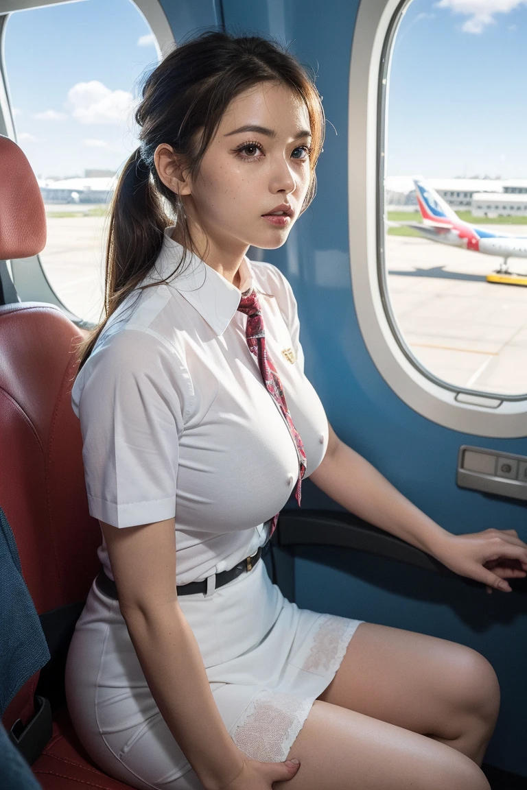 Feet on the floor、on the train、Sit on a chair、Train seats、Train seatsで太ももを開いて座る、sit with your legs apart on the train、Gal, (Anatomically correct,),masterpiece, highest quality, Raw photo, Photorealistic, face, unbelievably ridiculous, Beautiful girls, cute, Blunt bangs, Depth of written boundary, High resolution, 超detailedな, detailed, ighly detailedd, extremely detailedd eye and face, Sharp pupils, Realistic students, Sharp focus, Cinema Lighting, pale and tanned skin,alone,woman,(panties), (Short-sleeved sailor suit:1.2),Loose socks, Spread your legs,Wide Hips, ((Sensual;1.5)), Glamour, big breasts,Sunburn marks on tanned skin