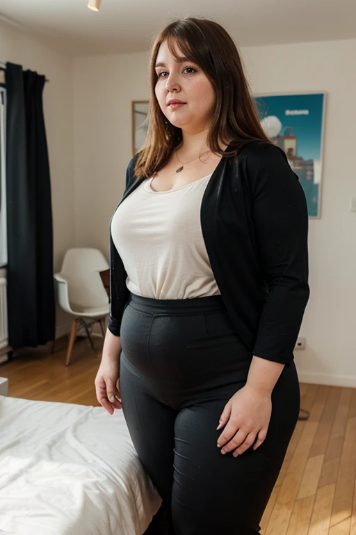 fine art portrait of a very elegant 35yo European woman, highest quality, sexy face high resolution, Eleonora Pavinat 35yo old, woman, knitted loose sleeveless turtleneck sweater, attractive business trousers, high heels, woman with (extremely huge breasts:1.1), plus size, pregnant belly, walking down stairs, in the modern office, extremely erotic lady