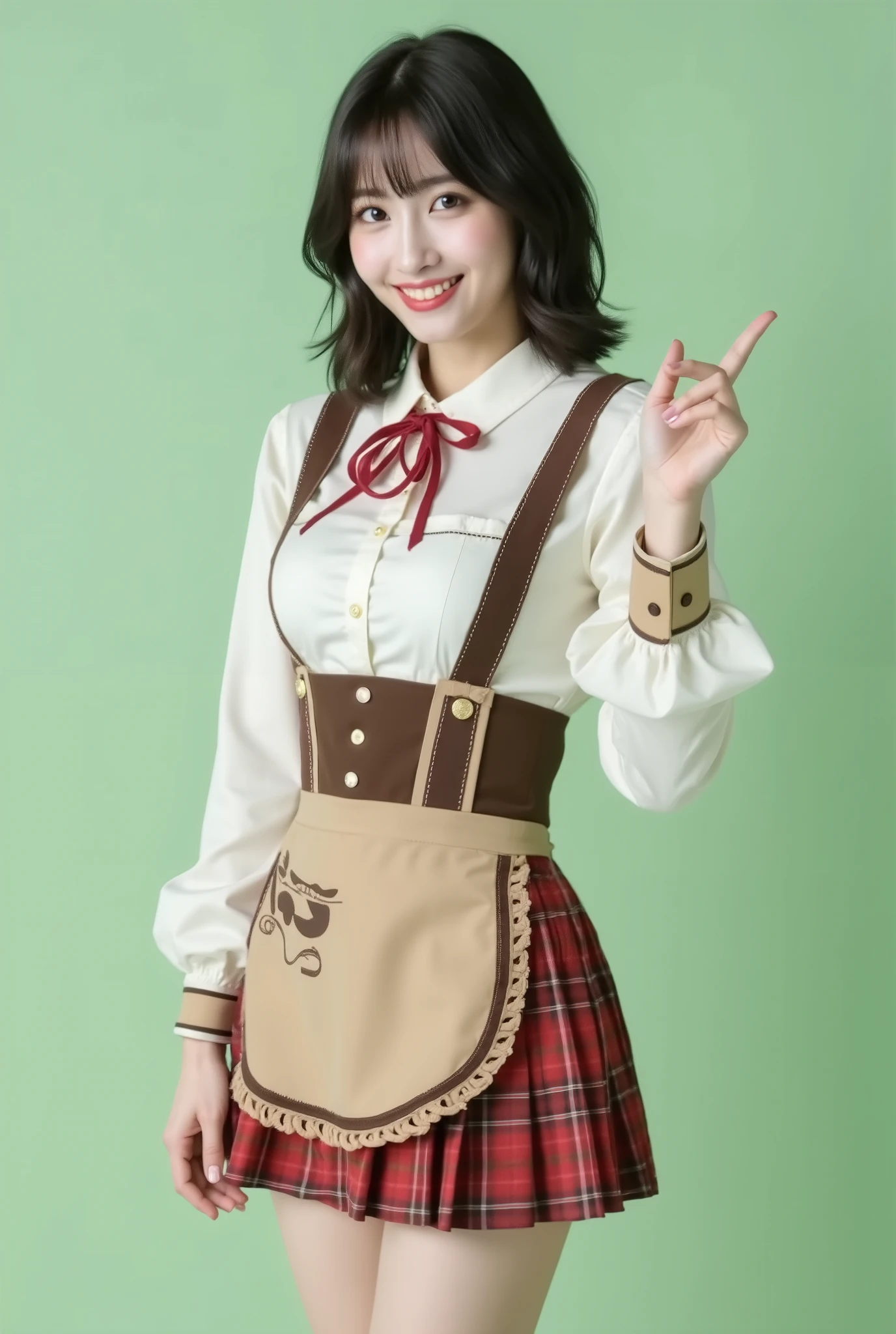 Create a portrait of a very beautiful Japanese singer with a slender figure, medium bust, and slim legs. She has medium-length hair and is dressed in a Western-themed saloon waitress outfit, featuring a skirt with a small apron design, without a hat. She strikes a cute pose, smiling charmingly. The background should be a simple pale green, and the overall composition should resemble a cowboy shot.