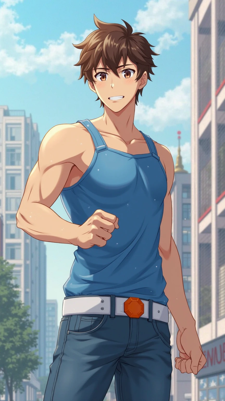 A mais alta qualidade, on a street similar to Europe , correndo , adolecente, lion men, blowing a regatta shirt , expressao divertida, masculo, chest a little tight in the shirt, (angulo de baixo), pernas definidas, defined arms, abdomen definido, com a camisa,