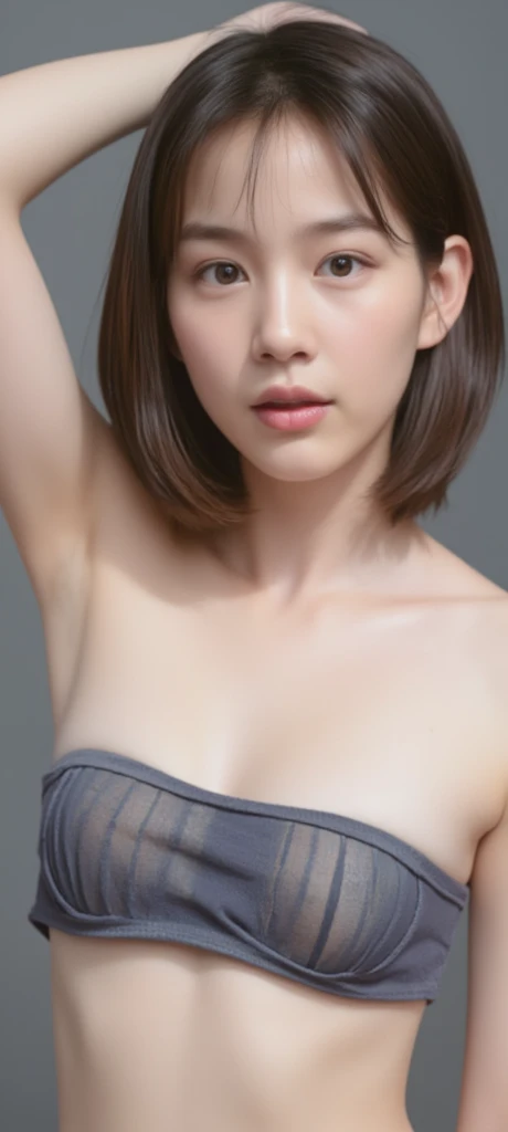 (One Girl:1.3), short hair, Japanese high school students, Great face and eyes, Looking into the camera, A joyful smile、Showing teeth、 (Highest quality:1.4), Very detailed CG 統合 8k 壁紙, Very detailed, High-resolution RAW color photos, Professional photography, Realistic full body shot, Studio shot、Plain Wallpaper, Portrait of sexy girl, Open appearance, (Look down, Watch with a viewer:1.0), (From below:1.0),(((topless))),Pleated skirt,Thighs