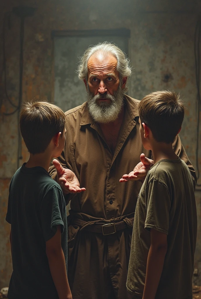 a scary old man holding a boy child's hand in a basement ultra realistic skin 4k