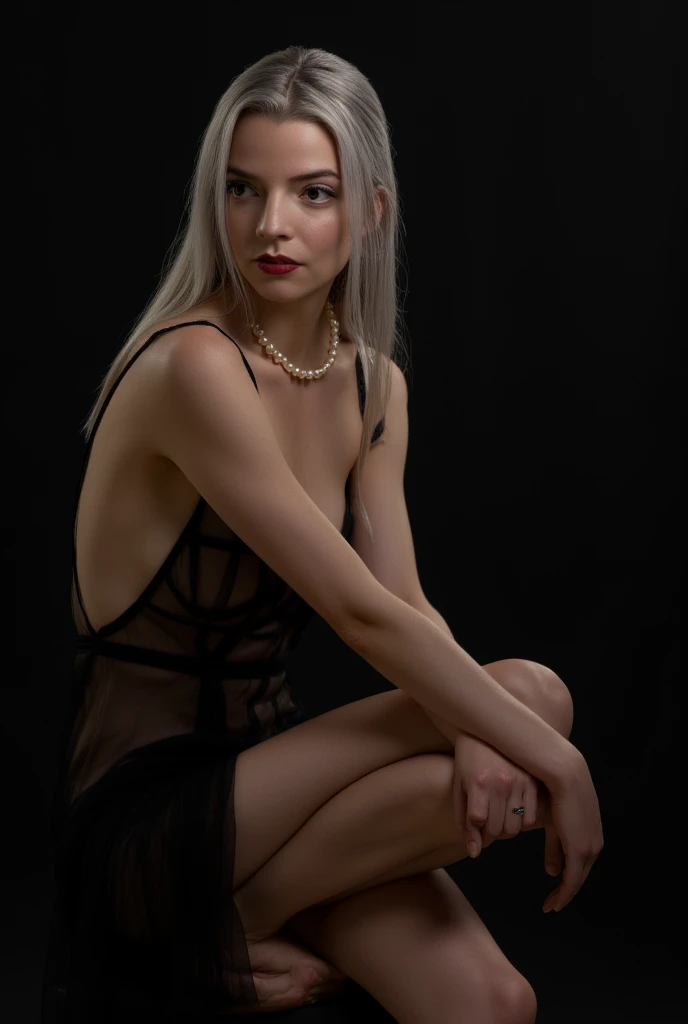 One beautiful women, round face, cymmetric eyes, long blonde hair, sitting on the floor, black wall background, realistic, masterpiece, best photography, detailed, 8K