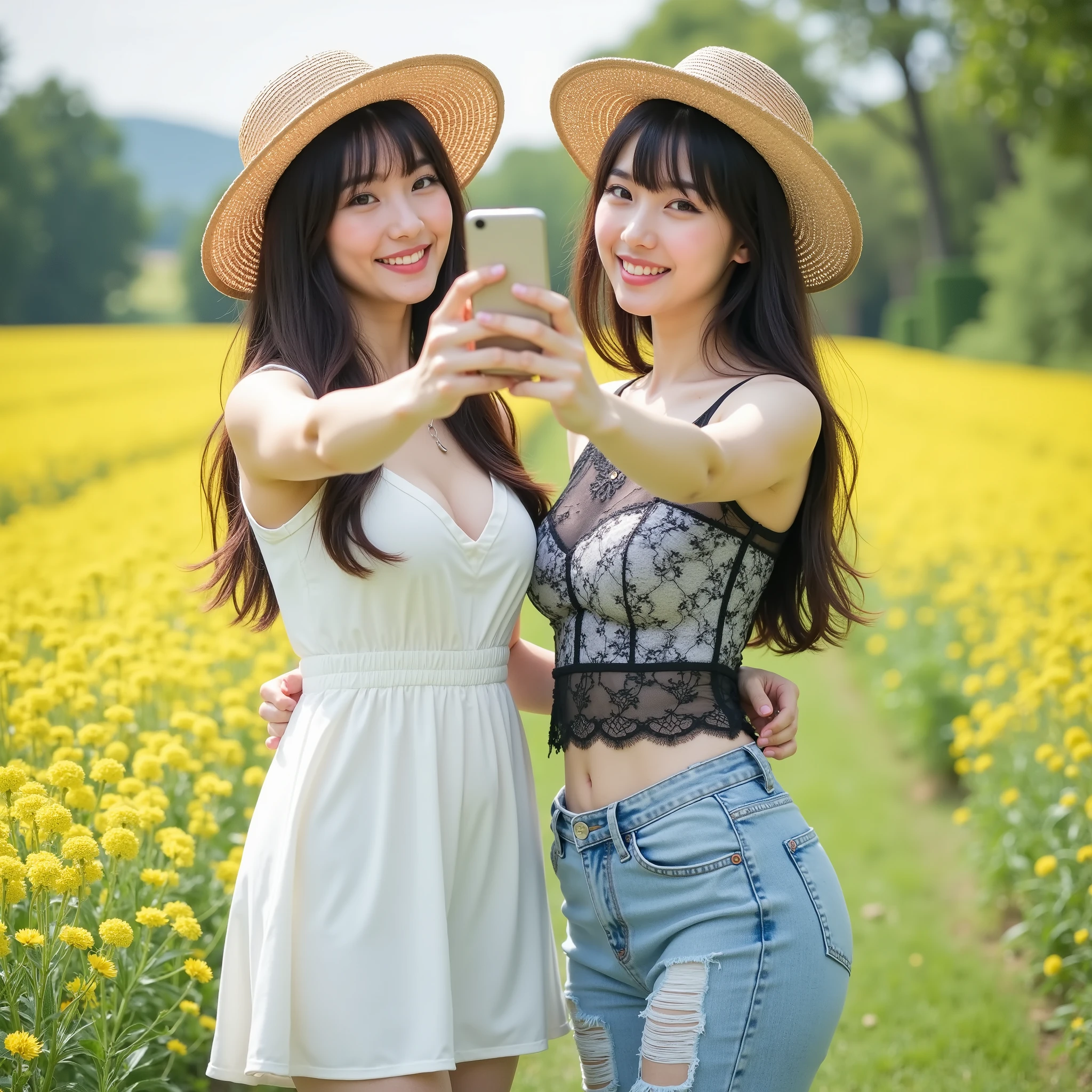 『The atmosphere of the face and hairstyle is different２ Japanese girls in tennis panties:1.9』『real photo:1.3』Highest Quality:1.2、((big breasts))、a slender body,with a slight cleavage、((young 20 year old woman ))、((showing my teeth and smiling:1.3))、(((anatomically correct、perfect anatomy、anatomically correct指)))、realistic, Highest Quality, Ultra High Definition, RAW Photo, (Curvy body)、full body,looks and smiles like an idol,Commemorative photo of 2 people in front of a field of rapeseed flowers,reaching out and taking a selfie with their cell phones,Look at the cell phone,Posing with a smile,1 is wearing a white dress with a straw hat,the other is wearing a black lace sheer shirt and damaged jeans with a white tube top underneath