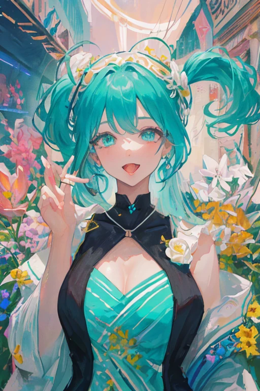 highest quality, clear and well-groomed face, Clear, bright and shining eyes, long eyelashes, punk girl, earrings, Holding a bouquet of colorful flowers, big breasts,