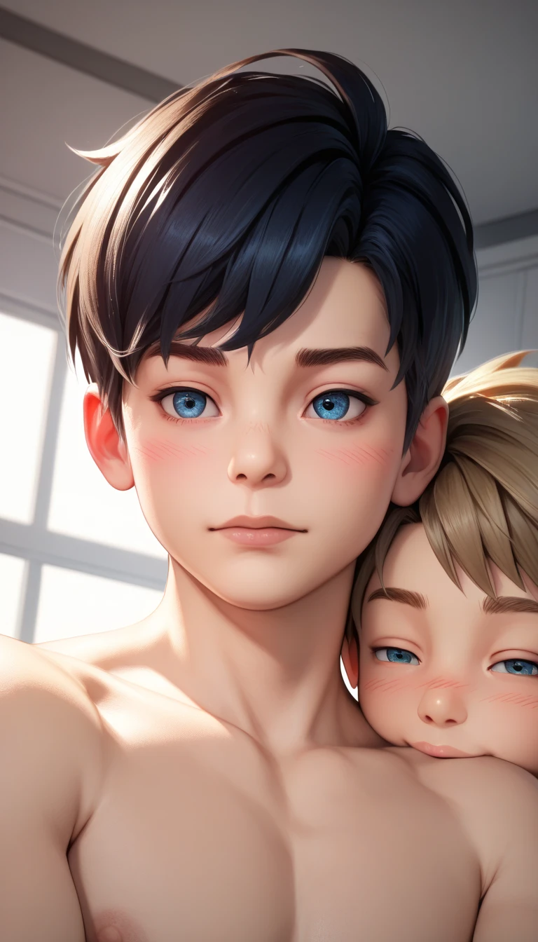 2 boy, Gay relationship, shirtless, nakeness, (zoom in on the face, face only), mesy hair, different height, (boy kissing little boy), sweating, skinny body, slim body