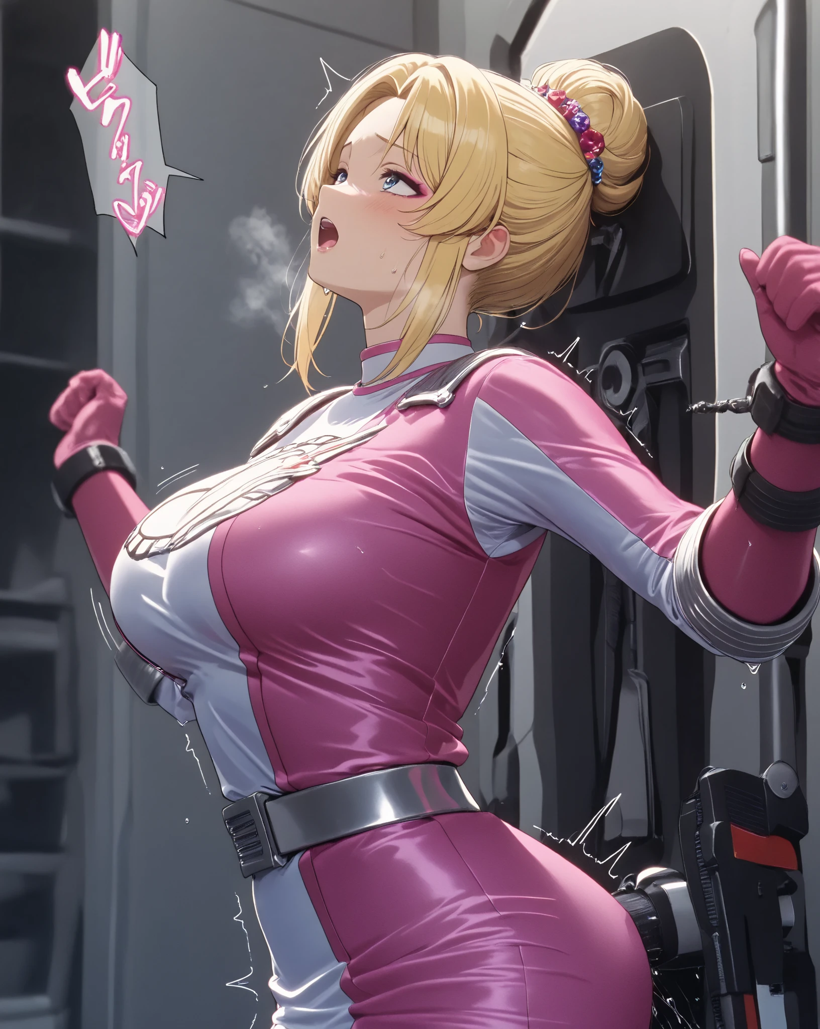 perfect hands, perfect finger,perfect anatomy, masterpiece, best quality,realistic, hyperrealistic, 16k hdr,1girl, large breasts,erected nipples,silver hair, braid,mobile trace suit, shoulder armor,bodysuit,fighting pose, upper body, cockpit,from above