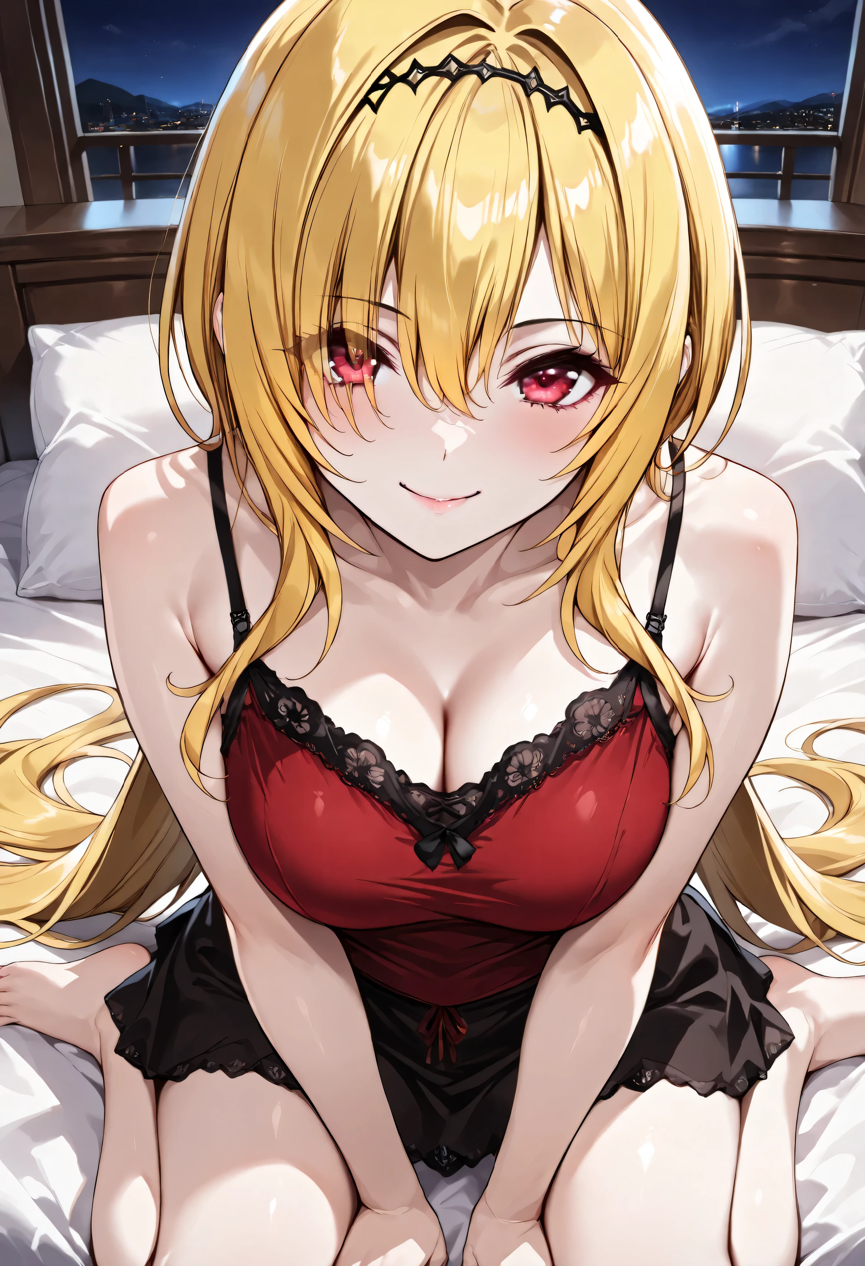blonde hair, mint eyes, large breast, red lingerie, red underwear, red bra, sexy, smile, a hotel bedroom
