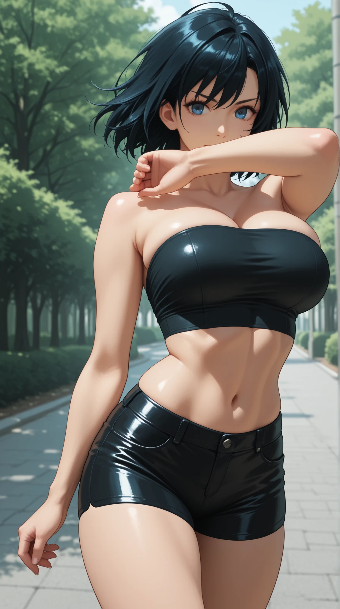 masterpiece, best quality, shadows, perfect hands, perfect legs, perfect anatomy, pretty face, mature features, posing, portrait, 1 girl, 2, green siren eyes, black straight hair, tight gray jeans, wet crop top, seductive eyes, blushing, flirty, pretty smile, huge ass, breast, thighs, seductive, spicy, hot, flirty, nsfw,