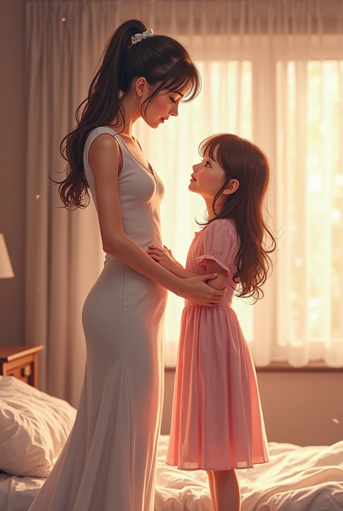 full body standing straight barefoot, long hair, holding hands on bed, sleeping together MOTHER AND DAUGHTERS