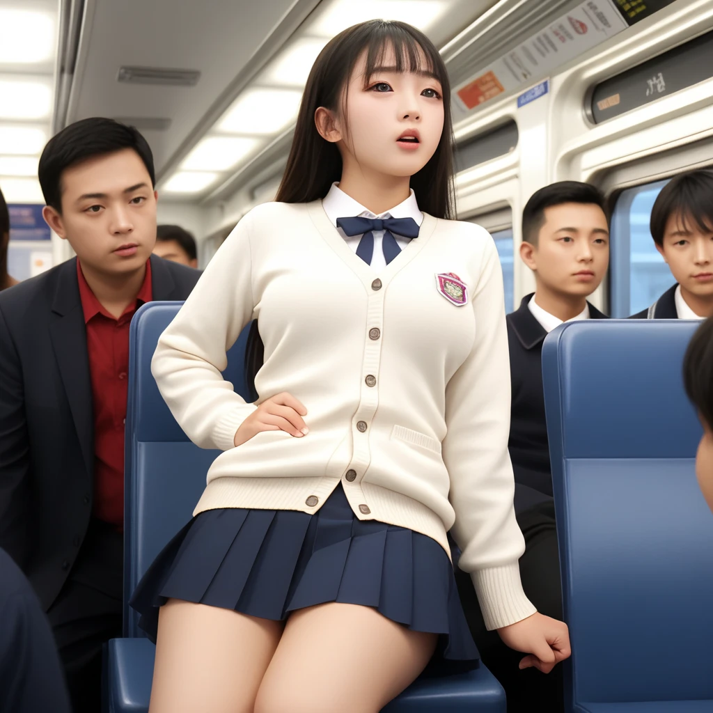 (((one girl、Lots of men around)))、high school girl、natural body shape、white skin、natural makeup、black hair、bangs、straight long hair、((high school uniform))((navy blue cardigan、white blouse、Red School Ribbon))、(((blue plaid pleated skirt、mini skirt)))、(((pure white panties)))、((The upper body is in uniform))、big breasts、、(((crowded train)))、Looking at the camera facing the front、、focus on crotch、panty shot、thighs exposed、((Low - Angle))、((Sitting on a seat with legs open))、portrait from head to toe、white socks、black loafers、((Panty shot))