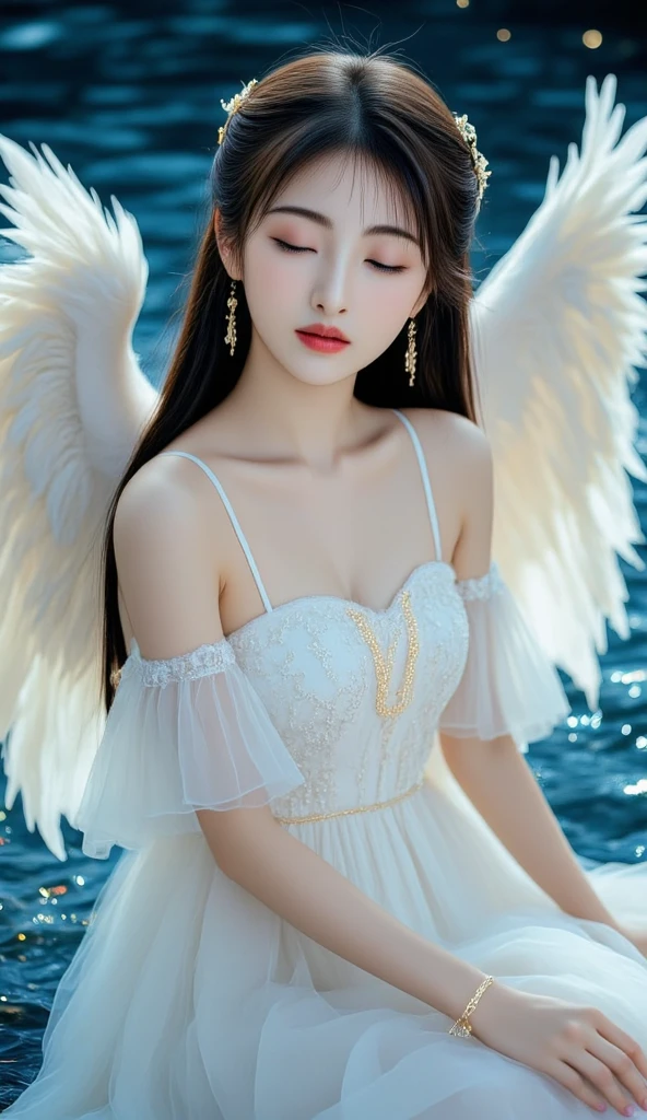 Blonde girl with black wings and black pearls in a white dress of crystal clear thin fabric,A smile、Reach out before you、Floating in the sky、 Shines