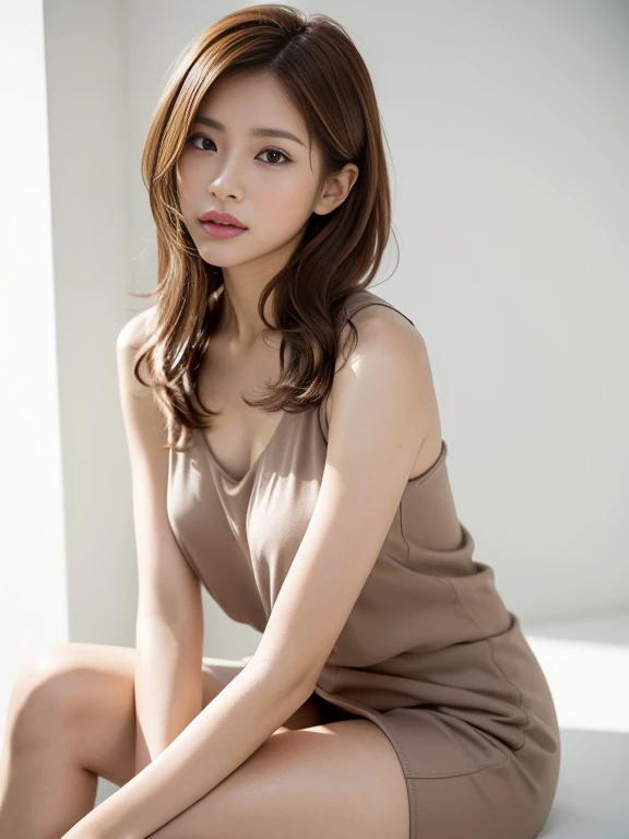 Apartment hallway,Hairdresser,((full body)),((photo)),((best qualtiy, 8K, tmasterpiece:1.3)), Focus:1.2, perfect figure beautiful girl:1.4,1girl,cowboy shot,look at viewer,incredibly absurd, beautiful and cute girl with a photorealistic face, showcasing top-quality craftsmanship, A Japanese woman standing in front of the door to her apartment, 23 years old, short hair, bangs straight above her eyebrows in a simple bang, soft waves, light brown hair, fair skin, clear skin, baby face, round double eyelids, light brown eyes, long upturned eyelashes, small straight nose, small mouth, plump lips, beautiful teeth, dimples, soft skin, , delicate, plump, A-cup small breasts, beige loose silhouette dress, brown sandals, small gold earrings and necklace, cigarette, beautiful girl, pure, soothing, husky voice, calm, curious, laid-back, April
