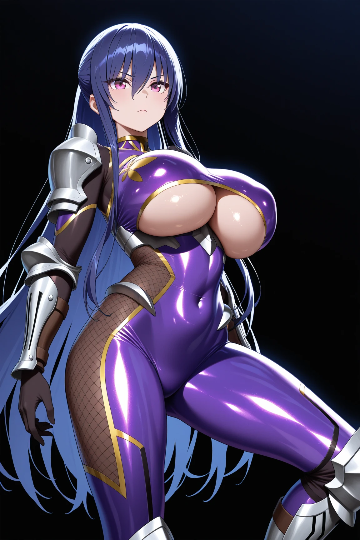 rinko, rinkooutfit, very long hair, blue hair, hair between eyes, high ponytail, sidelocks, purple eyes, ninja, shiny clothes, impossible bodysuit, skin tight, purple bodysuit, fishnets, underboob cutout, arm guards, underboob, cowboy shot, standing, looking at viewer, outside, tree, sky, cloud, day,nsfw,,dynamic pose, shy, blush,