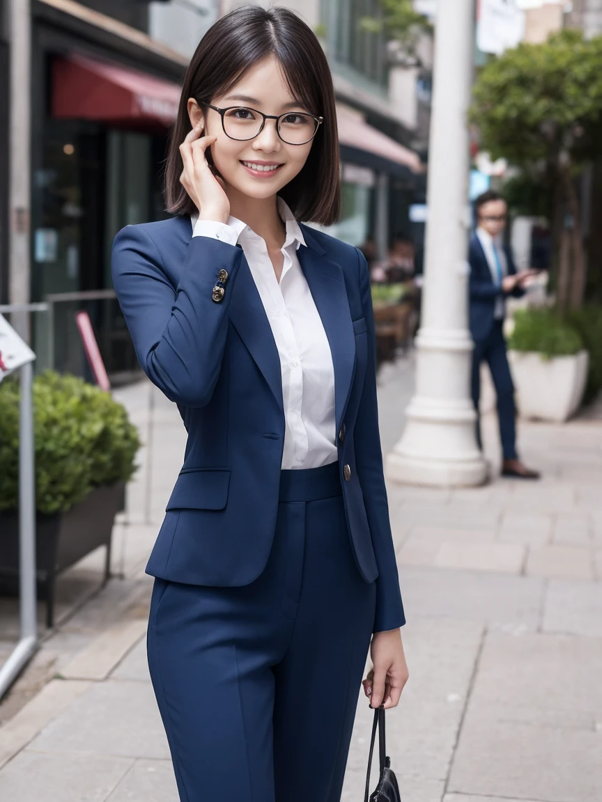 Best-quality, Masterpiece, Ultra-High-Resolution, (Photorealistic:1.4), Raw-Photo, 1girl, 12-years-old, the most famous Japanese idol, wearing navy-blue business-suit, extremely cute face like the most popular Japanese idol, extremely beautiful big-black-eyes, extremely beautiful gorgeous-hairstyle, extremely beautiful skins, looking at viewer, innocent-smile, dynamic-pose, detailed navy-blue-business-suit