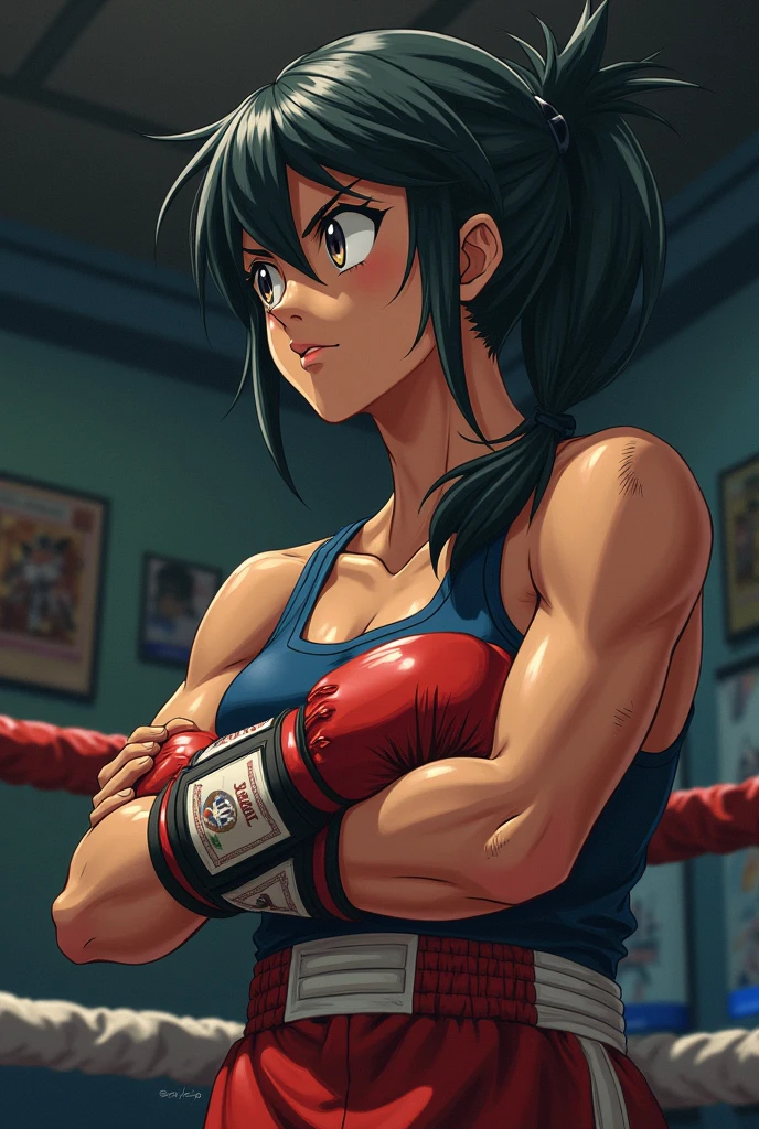 2D anime picture, (anime style 1), single female arrogant boxer, 20 years old, sadistic, Japanese, smirks at the viewer, beautiful long black hairstyle, lush breasts, dark skin in white high neck crop top, in white leggings, in dark pink boxing gloves стоит возле боксёрском ринге, in empty gym, night