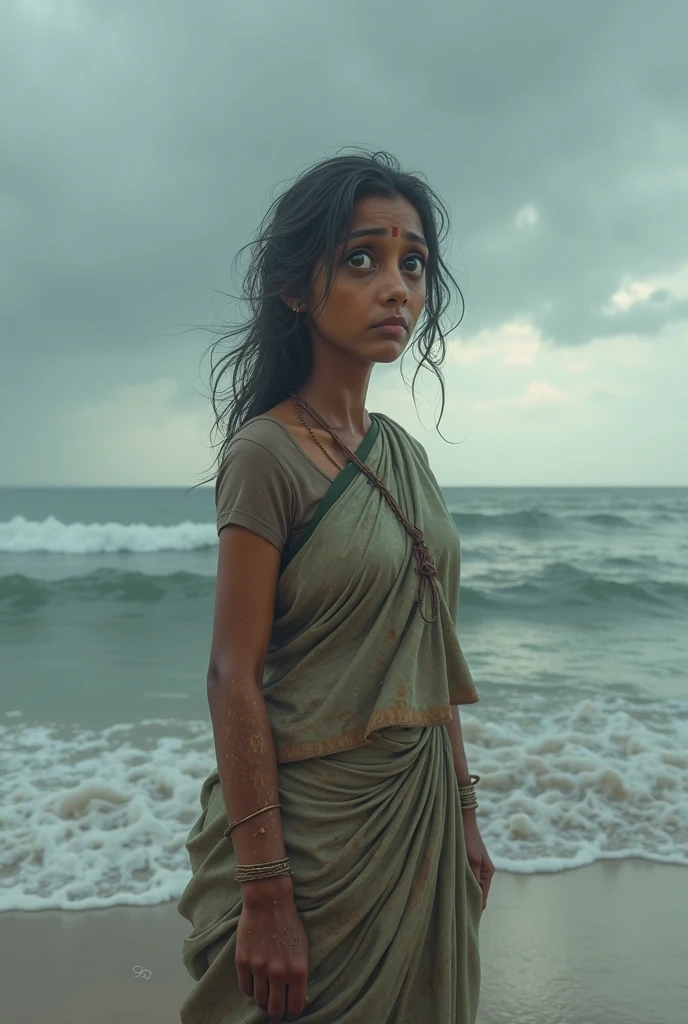 A 3 woman is crying on the sea shore. That woman is wearing a torn saree. Three children are drowning in the sea in front of that woman. The age of the child is 10 years.