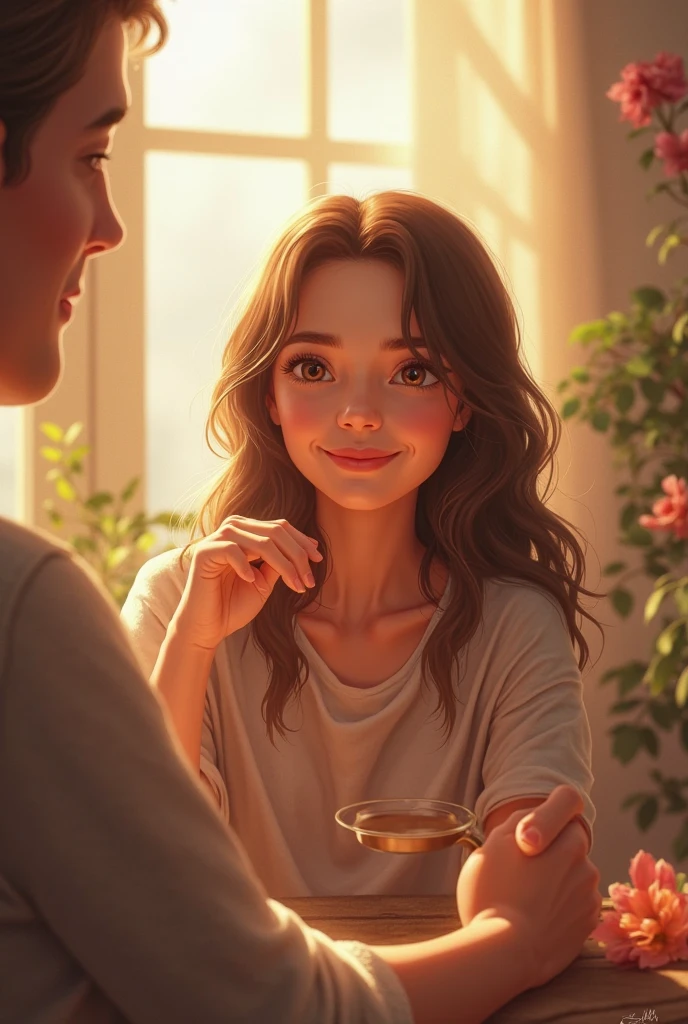 The character has long, straight, messy, browns hair, bright yellow eyes, snow-white skin, a perfect and delicate face, she is very beautiful and is 2, make the image in the Pixar style Disney, in 9:16 format. A woman in her late 20s, wearing a casual sundress with floral patterns, is standing on a balcony. She holds a glass of rosé wine and is chatting with a friend.