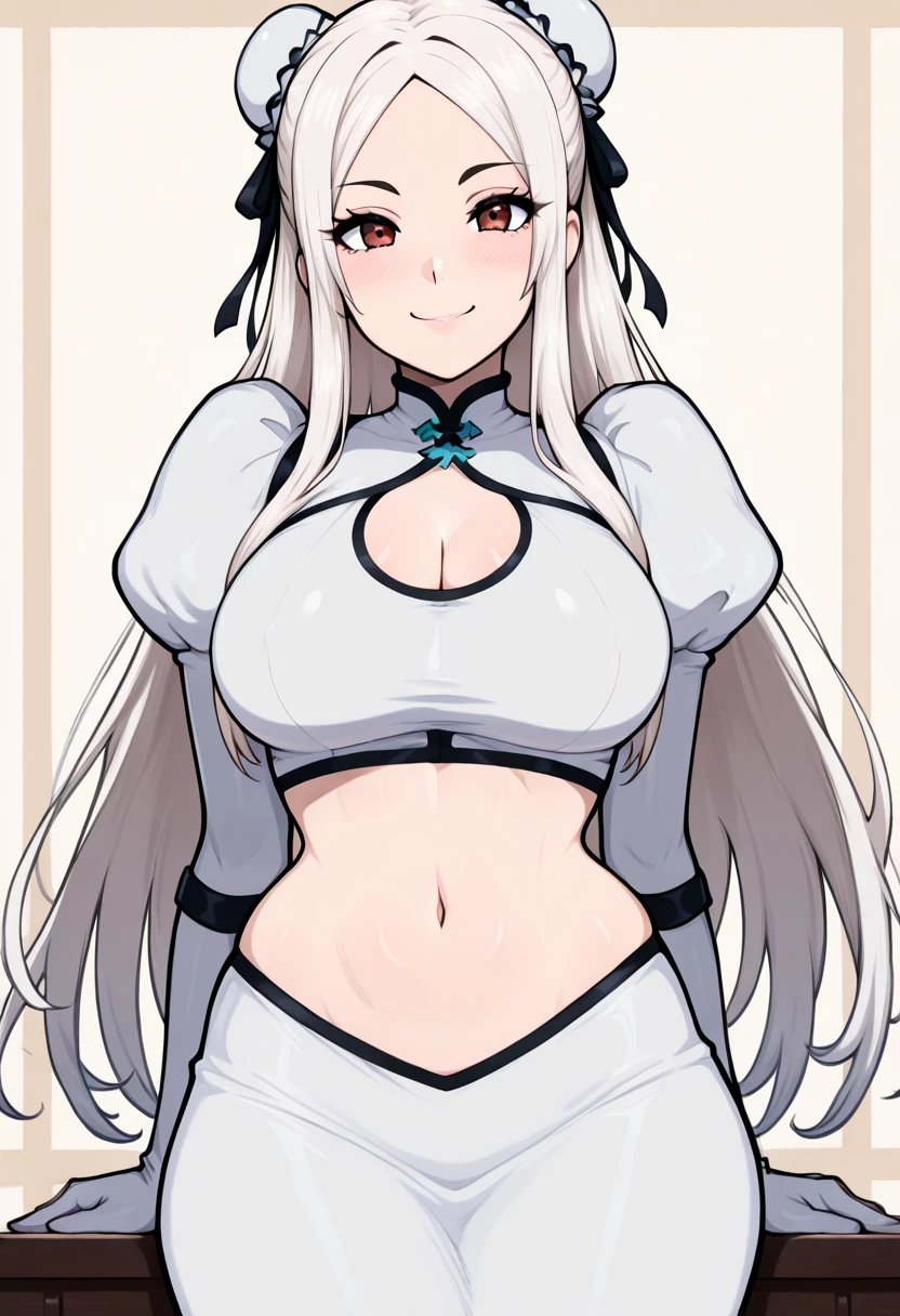 Make a full body character with 2D graphics based on current anime 4k-8k The character is 22 years old. Mature body with big breasts and curves. Eyes red, white cat ears, long white hair down to the ankles. Cat's furry tail. The outfit is a mix of traditional Japanese kimono, Qipao chines stylized in a cyberpunk way. The colors of the clothes are predominantly white with details of blood red and gold.. With sock 3/4 black and white, sandalhas ninja estilo cyberpunk.