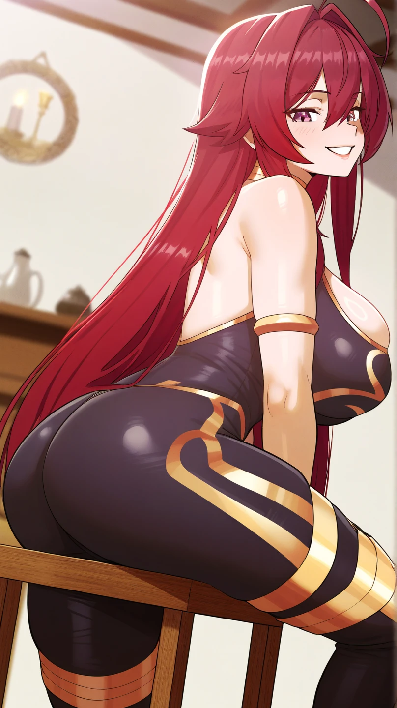 ultra-detailed、highest quality、Highest image quality、master piece、8K、Red curly hair、(SFW huge body)、(((Rear view)))、cowboy shot、wearing a thong
