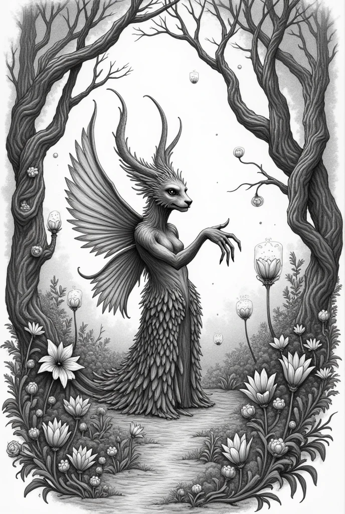 A 4k quality adult coloring book page of a fairy tale creature, based on historic writings, high detail, no color, no darkened areas, no grey scale, no shadow.