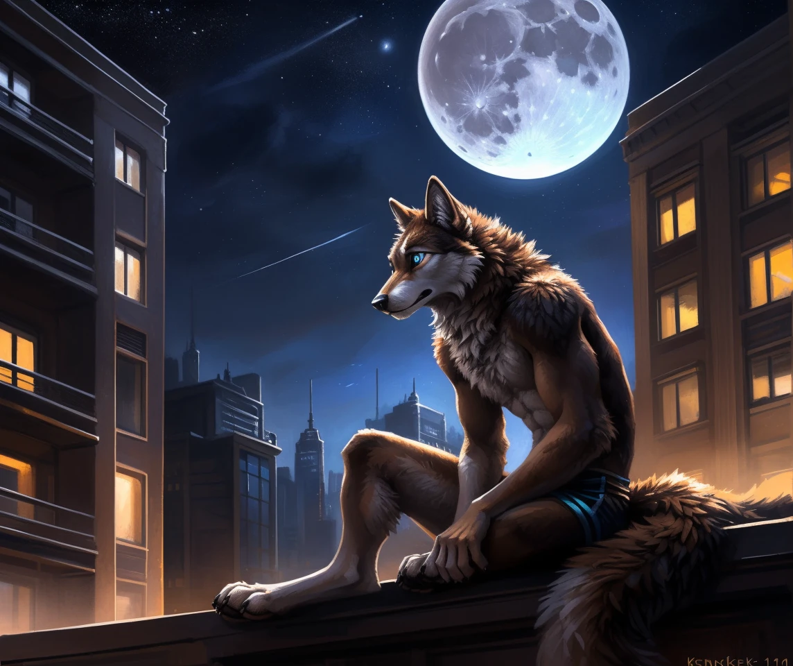 ((Solo)), male people, anthro wolf, (Multi-colored fur, White-brown:1.3), ((Wolf face, Big eyes, White eyelids, Blue pupil, Slim:1.2) (Tough, Calm expression:1.2)), (Height 2.1 meters,Tail length 1.5m), Abs, Slim, pinging, (Correct anatomy), (Contour bone:1.2), The upper body is naked, (detailed outfits), a long large tail,Feet,(Realistic fur, Detailed fur texture, labeled:1.3)), (Natural lighting), Photorealistic, Hyperrealistic, ultradetailed, by Kenket,In the modern city,Roof,the night,Sit alone,Look at the full moon,It was dark,Starry