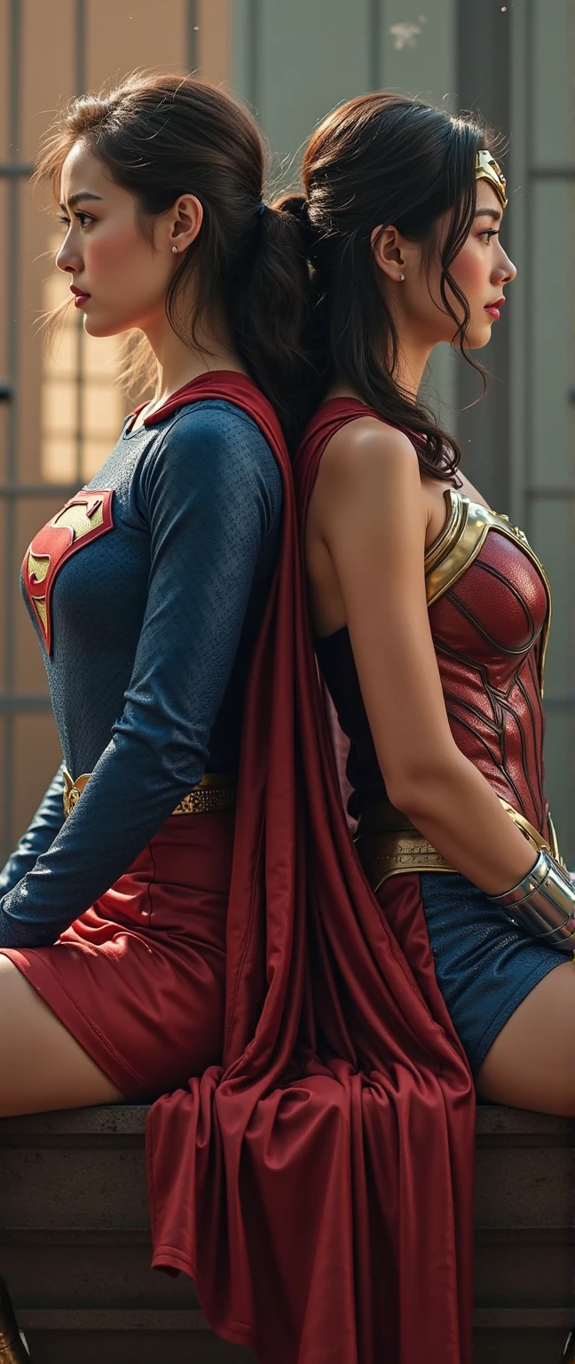 Isabel Merced disguised while kissing powergirl supergirl, leather suit, choker, bob_cut hair, slim photo model, (big breasts:1.3), high heeled boots:1.3,Real Life, full bodyshot, Ultra Realistic, Photorealism, Photography, 8K UHD, Photo, HDR, Complex and Elegant, Highly Detailed, Sharp Focus, Stunning, Beautiful, Gorgeous), (Masterpiece: 1.2, Best Quality 1:1, Ultra Detail: 1.2, Best Shadows, 8k: 1.1), (beautiful detailed face), high contrast, (perfect lighting: 1.2), (cinematic light)), colorful, hyper-detail, dramatic light, intricate detail、