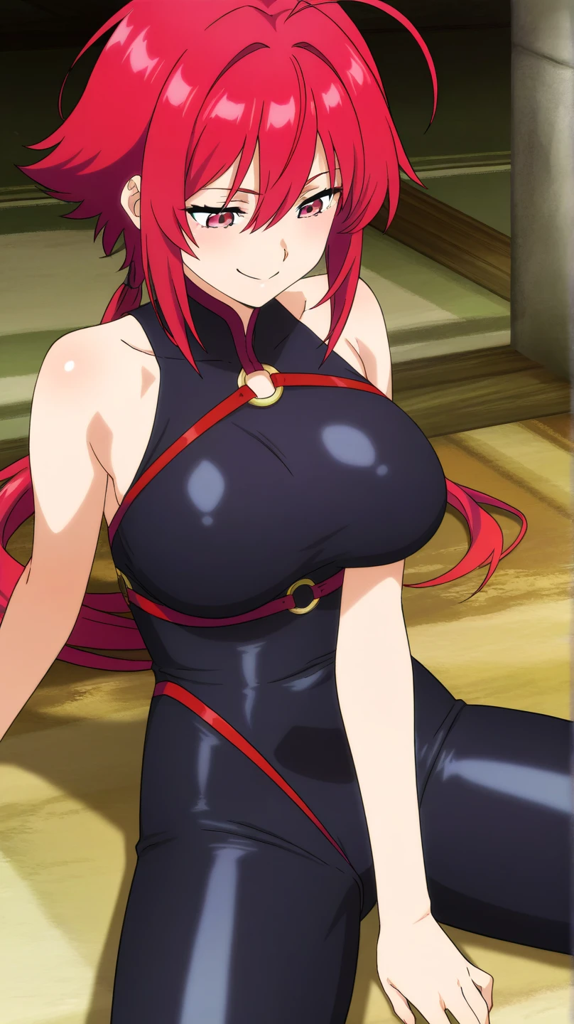 nami, solo, long_hair, breasts, looking_at_viewer, smile, orange_hair, large_breasts, gloves, dress, cleavage, bare_shoulders, sitting, very_long_hair, orange_eyes, collarbone, choker, elbow_gloves, crossed_legs, head_rest, black_dress, throne