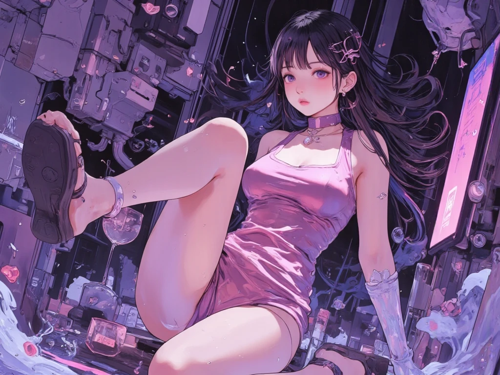 ((best qualityer)), ((work of art)), (detailded), ((anime styling)), ((1 girl, of headphones and notebook)), ((with long sex transparent dress)),in the bedroom lying on the bed studying