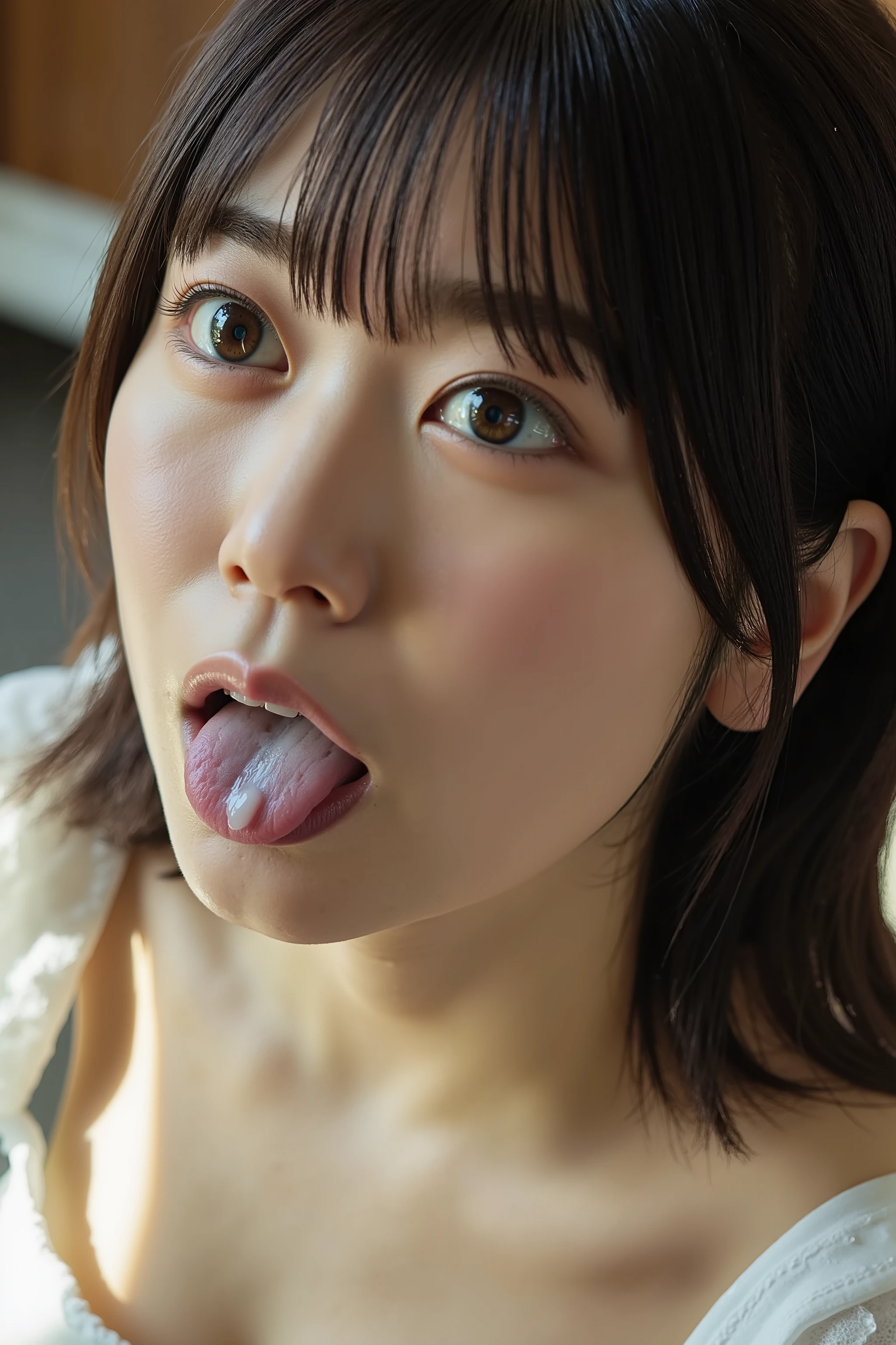A high resolution photograph of a young Japanese woman in a off-shoulder dress kneeling in front of the viewer, She's facing up and looking up at the viewer in awe with surprised expression on her face, open mouth, tongue sticking out with a significant amount of white, viscous fluid dripping. detailed face, detailed eyes, beautiful pupils, sophisticated nose, indoors,,, photo-realistic, realistic, masterpiece, amazing quality, 8k, extremely detailed, intricate details, sharp focus, natural soft lighting,