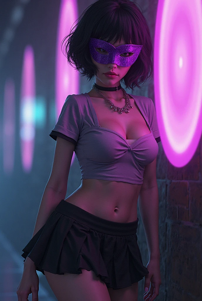 A stunning lingerie closeup portrait of Maleficent in the nude, young and beautiful, emphasis on her horns, purple reflected light, hyper realistic, real portrait, backlit, exquisite features, cleavage, sexy, seductive, unnatural light, soft light, location is the interior of a dungeon, green light, eerie, purple highlights:1.4, she is smirking, she is busty, her chin is raised, looking down at viewer, low angle shot, h her body is nude, naked and powerful, visible breasts, visible nipples, she is standing, narrow waist, wide hips, exquisite features, exotic, high cheekbones