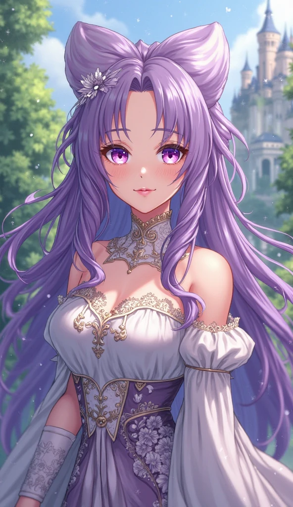 30 years old girl, pink with purple hair, long hair, wavy hair, pink eyebrows, green eyes, wearing gold earrings, wearing a wedding dress