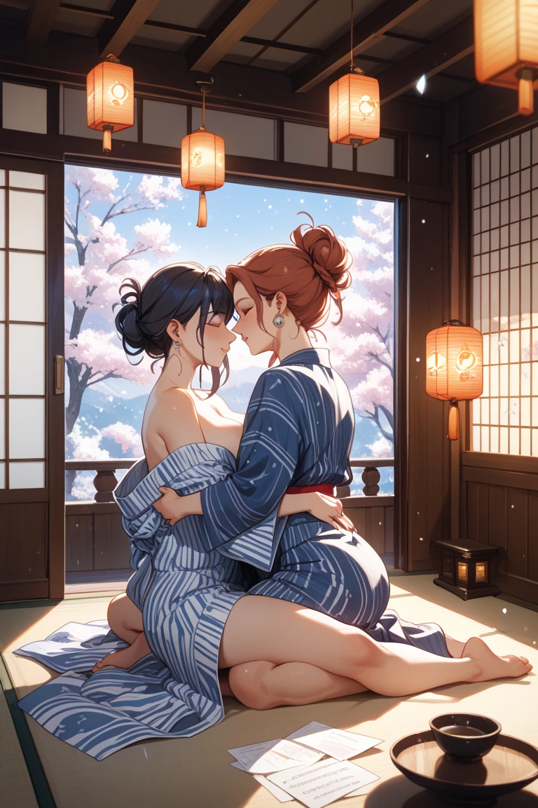 hight resolution, top-quality,Two girls in mini yukata kiss in park at night、Deserted park、Full body、