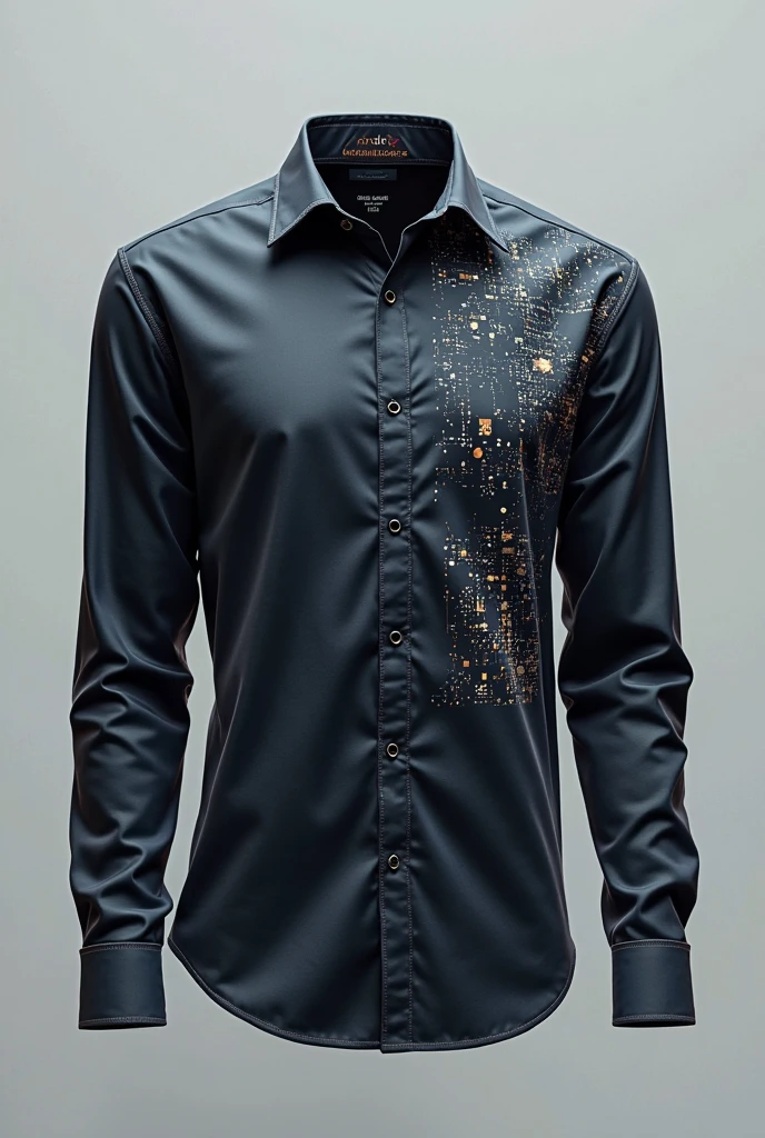 A silk ventablack with a mix of gray and little gold , short sleeved shirt with raindrops art pattern on the left top side , with a tiny rose displaying on the left side