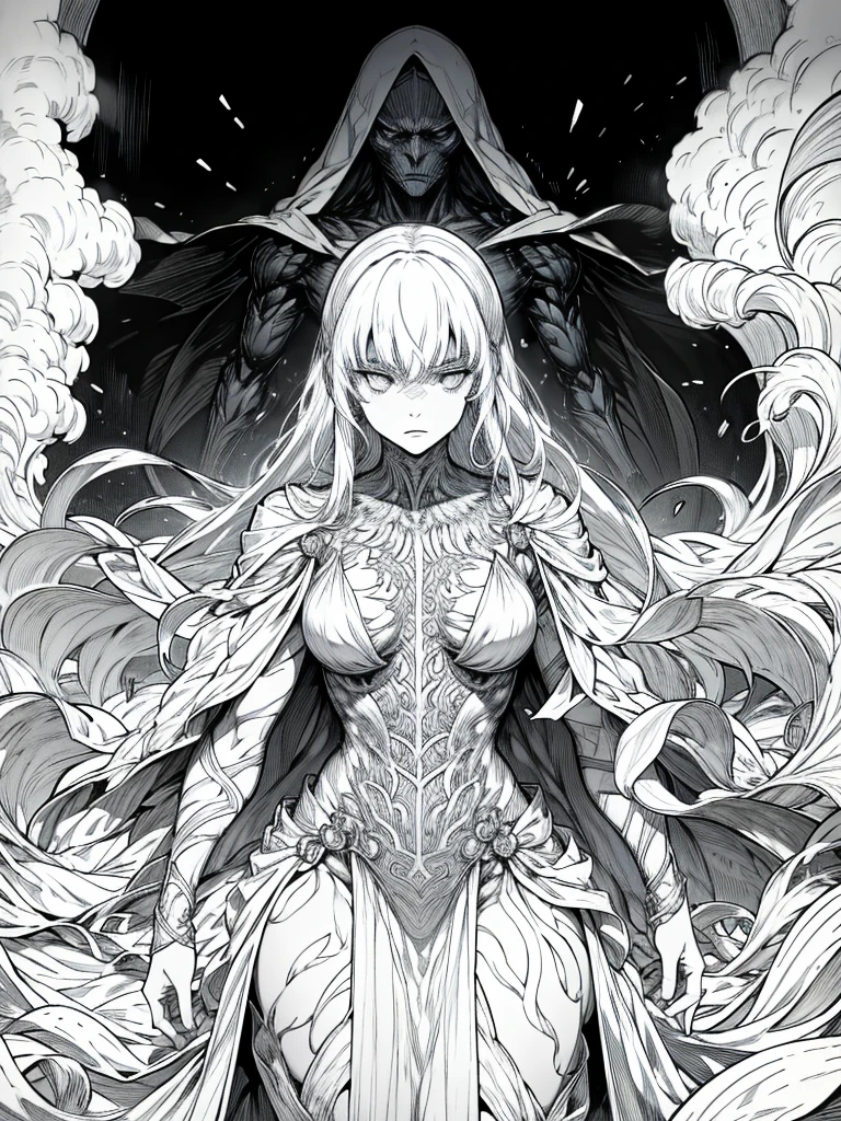 Anime line drawing, line art, black and white, (body horror: 1.4), (biology: 1.3), goddess, (bloody: 1.2), Live,  (Zentangle: 1.2),  Skull Crusher
