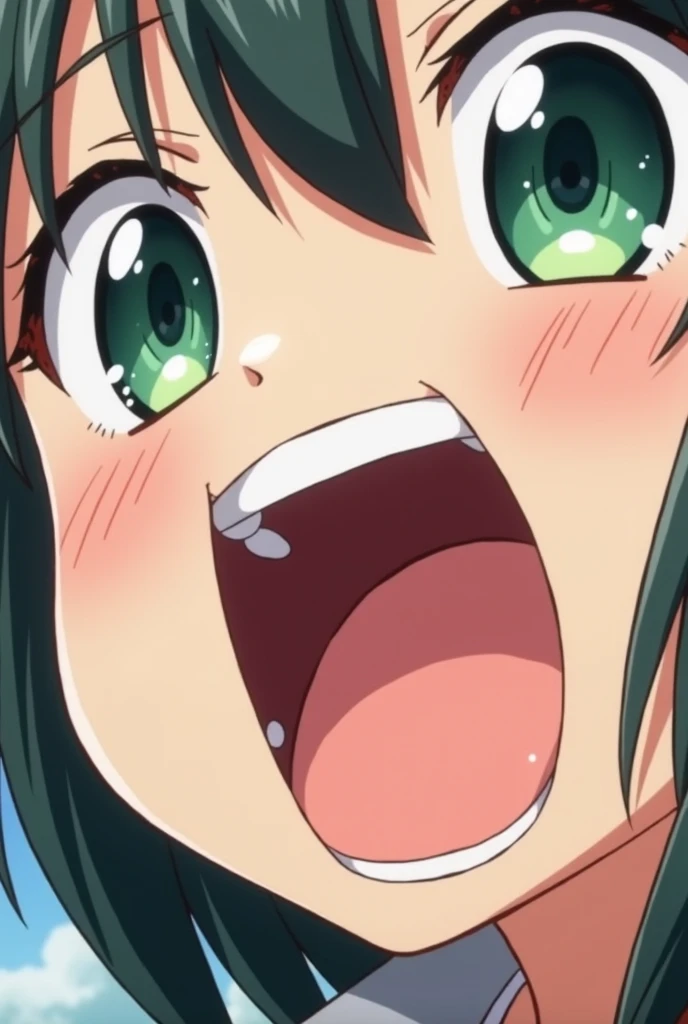 score_9, score_8_up, score_7_up, source_anime, sayominakami, sayo minakami, long hair, bow, hair bow, green hair, skirt, shirt, long sleeves, , white shirt, , serafuku, sailor collar, neckerchief, green skirt, green sailor collar, looking at viewer,, room, blush, open mouth, big mouth, tongue, tongue out, close up, saliva, uvula, uvula, room, mouth focus, excessive saliva, giantess, red eyes,