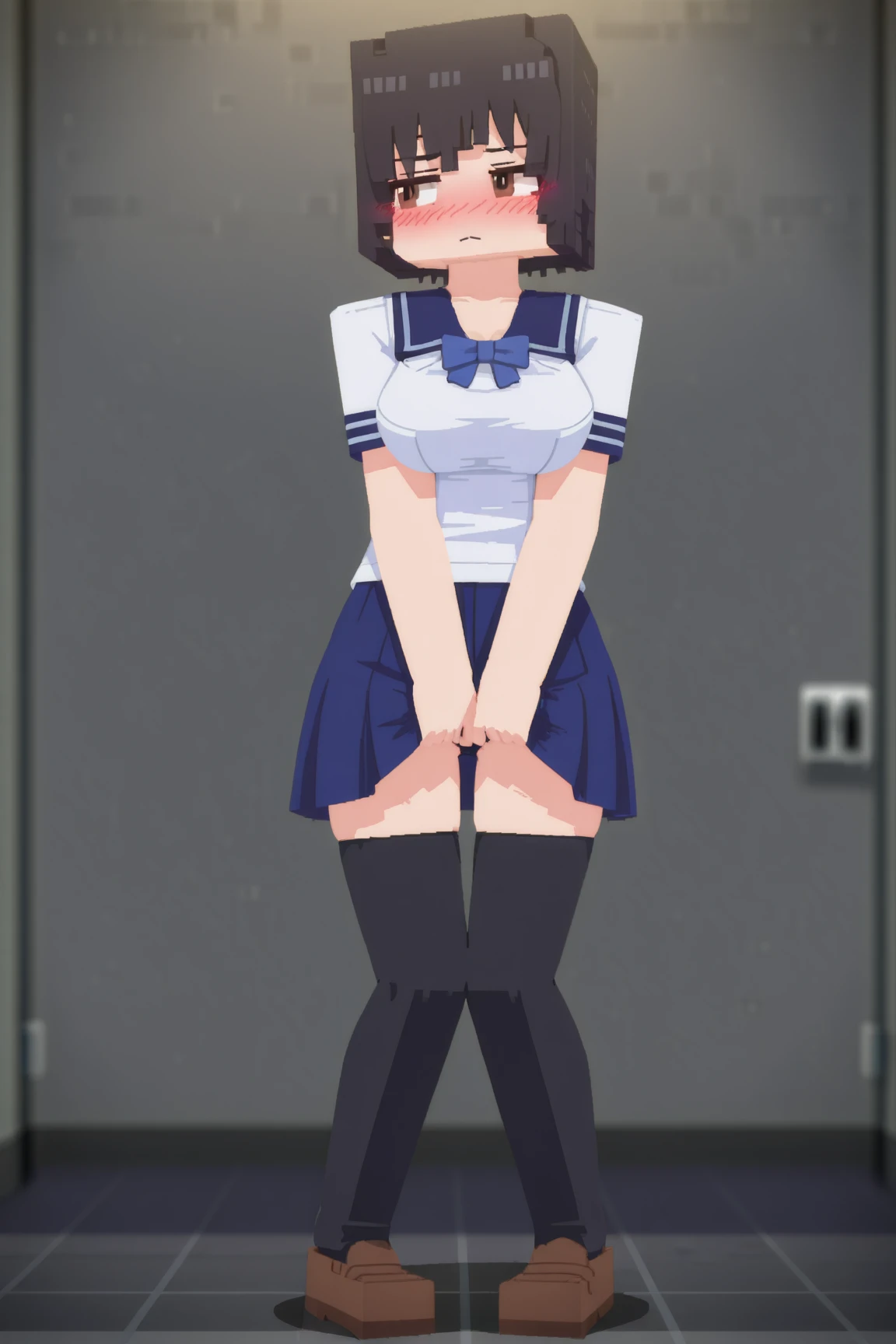 blue eyes, wearing long plain white shirt, high res, ultrasharp, masterpiece, wet shirt, black short hair, pussy, crowd not notice visible to viewer, mysterious smile, secretly having sex in front of others, tiny girl, very close to other people, gymnast