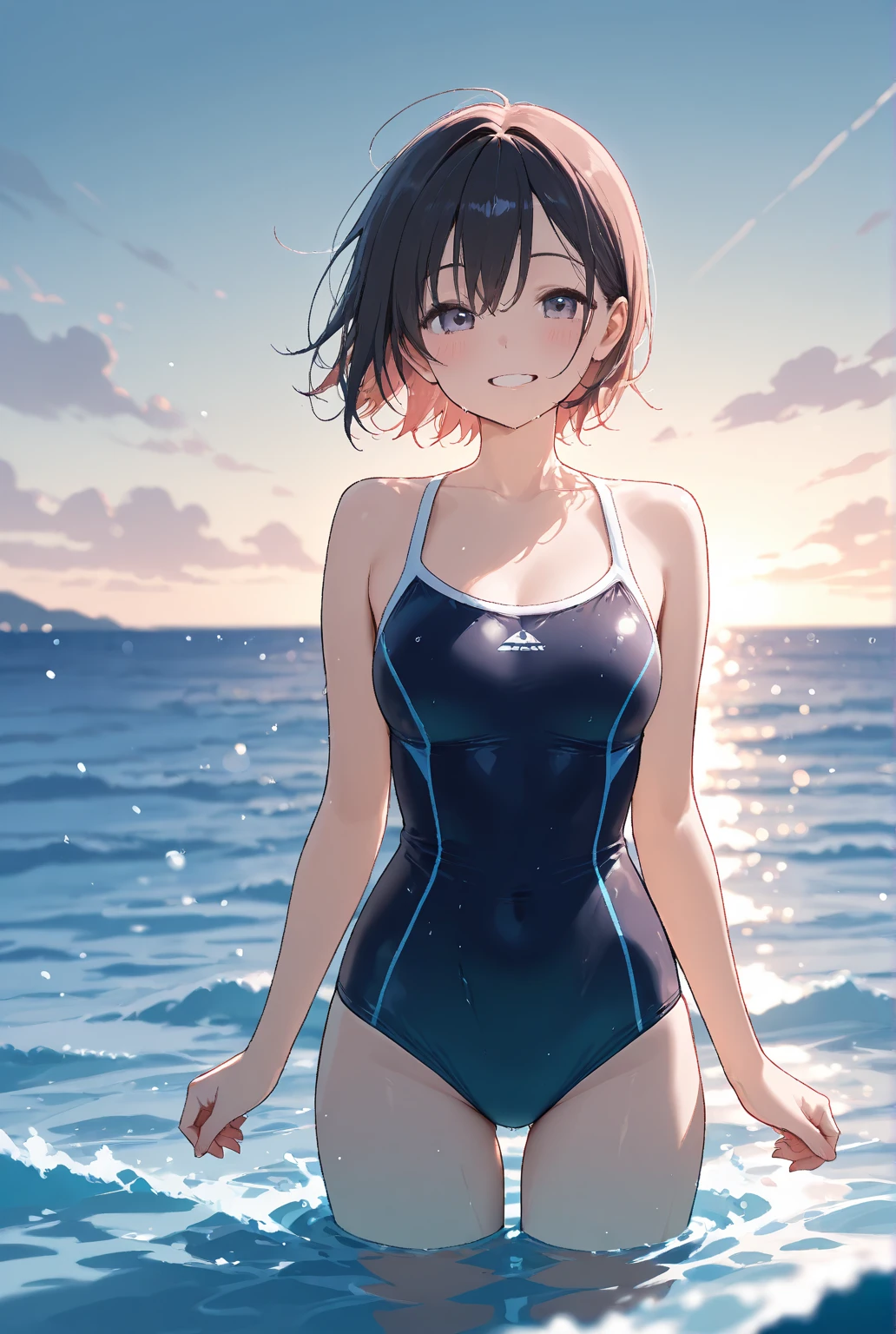 One girl、Brown short hair、Disorganized hair and bangs、blue eyes、Navy blue swimsuit、Ocean、Immerse yourself in the ocean、Underwater、evening、Reflection on the surface of the water、Transparent Ocean、Deep and faint light 、 Detailed CG、(((High resolution)))、