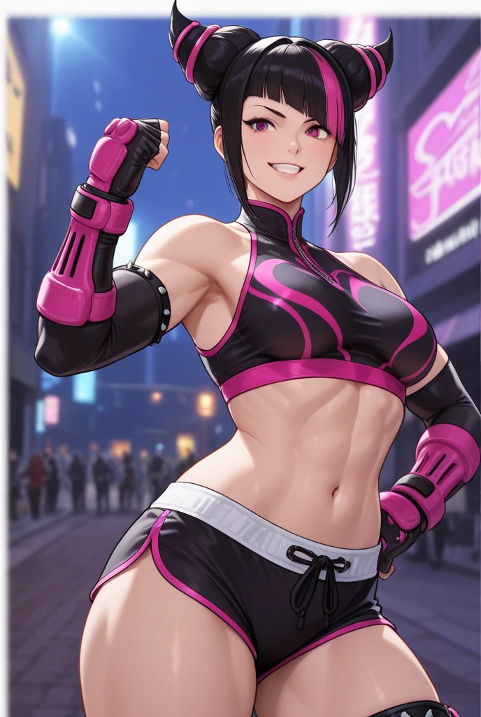 chun li,beautiful young fitness woman with , in a gym wearing May with black pantyhose, tight white and purple gym jacket. standing alone,Beautiful Tits, low lighting,evil smile ,legging preto