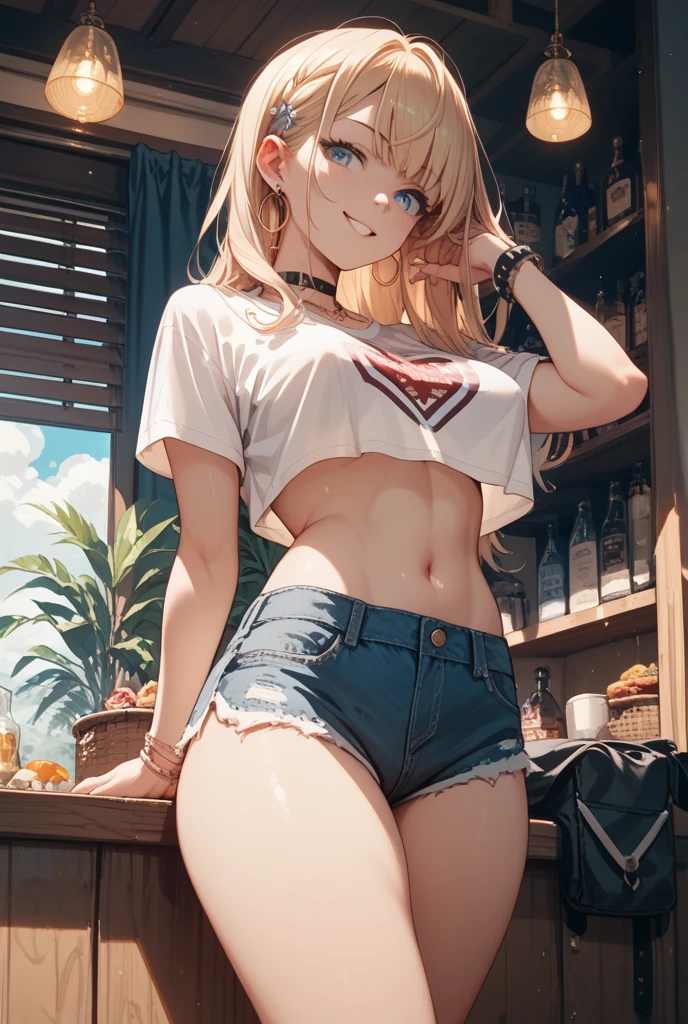masterpiece、highest quality、Very detailed、An illustration、Beautiful fine details、One Girl、cute、Detailed landscape、Training Room Background:1.4、Platinum Blonde Hair、Braided Ponytail、Red camisole、((a cup breasts, Tank top showing underboob:1.3)),from below