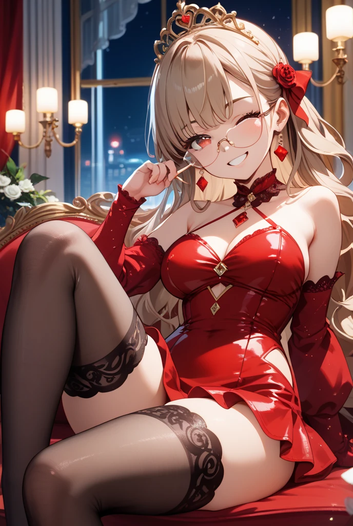 16ｋ,Raw photography,top-quality,hight resolution,Ray tracing,PBR Texture,Post-processing,),(((China skirt in red leather , Cute Japan Anime Girl,魔法少女まどか☆マギカ,Madoka Shikame,long wavy hair of peachy color,Emphasize cleavage,bare hand,Thin leg,))),(finerly detailed face:1.4),(​masterpiece:1.4),(top-quality:1.4), Beautiful fine skin,(cute little:1.5),(Complex black stockings),pin heels,Leather luster 3.0,Beautiful skin,(Red Bodycon),((tthin eyebrows,long eyelashes,smil,二重まぶた,)),Real Photo Stick,Sofa in the hotel lounge,No title required,Do not wear anything on your shoulders, Nasty figure, or hands,Thin beautiful legs,Staring from the front,Cheongsam with beautiful pattern,