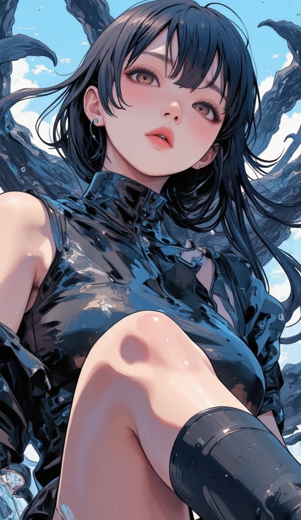 (high quality, 8k, 4K, high contrast, artwork:1.2, high quality, best aesthetics), (dynamic angle), ((1 woman)), erotic, sensual, mature body, super detailed, beautiful face detailed, detailed beautiful mouth, perfect breasts, wide thighs, sexy body, black hair, short hair, short straight hair, long hair bangs, black blindfold, blindfolded, black blindfold covering the eyes, long black poncho covering the entire body, serious facial expression, villain, standing, centered, erect body posture.