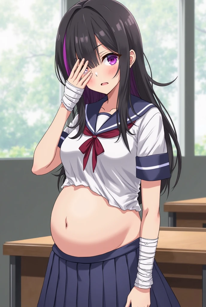 pa-san, blunt bangs, choker, colored inner hair, black hair, purple hair, green eyes
masterpiece, best quality, highly detailed, a anime girls in sailor uniforms with a gun posing for a picture,
evil smile, smile, open mouth,black_serafuku, ecchi anime style, anime girls ,
ecchi style, ecchi, shipgirls, digital anime art!!, high school girls, holding a gun, hold a gun, anime style 4
k, micro skirt, exposed belly, exposed navel, exposed midriff,
exposed lower belly,school, classroom