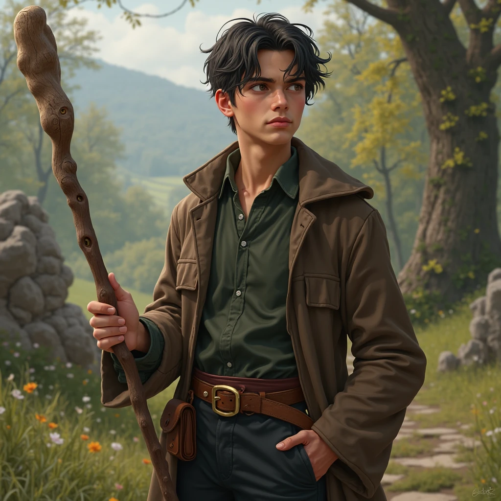 Crie um elfo jovem do genero masculino, com aspectos um tanto de arqueiro. Cabelos grande preto e olhos verdes.
