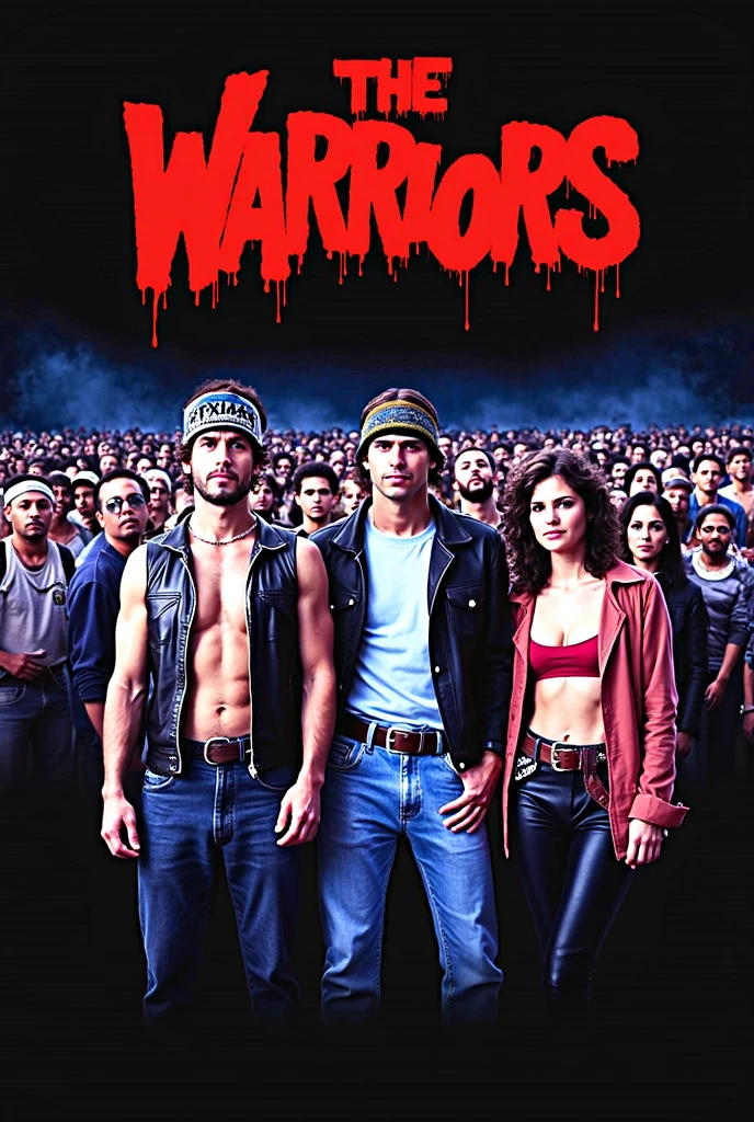 Movie poster style image with dark background and minimal lighting, highlighting a single male subject in the foreground. The subject has white skin and wears a bright red sleeveless vest with light brown hair down to his shoulders. He also has a necklace with large beads. The text 'The Warriors' is prominently displayed in bold, red graffiti-style font at the bottom of the image. In the background, there are faint outlines of buildings and a ferris wheel, contributing to the urban night scene. masterpiece, anatomically correct, super detail, best quality, textured skin, award-winning, 4K