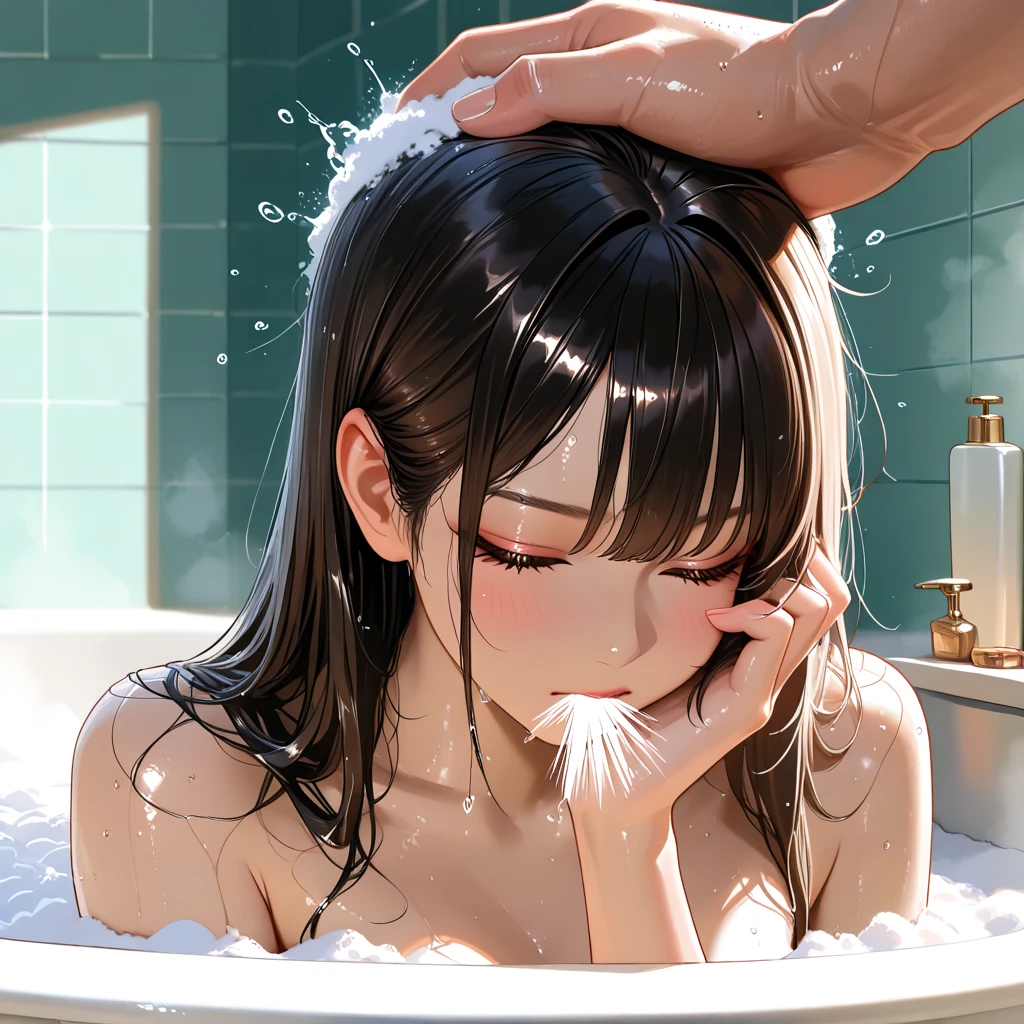 closeup photo of a 18 - year - old girl,(naked:1.3), pale, flat chest, wide head, freckles, soft lighting, squint,looking at viewer, pov, tiled wall, (rain:1.3), (headpat, headgrab:1.2), Vector Art, Borderlands style, Arcane style, Cartoon style, Line art, Distinct features, Hand drawn, Technical illustration, Graphic design, Vector graphics, High contrast, soapy skin, bubbles, wet hair <lora:Concept_HeadpatBJ:0.8> headpat, headgrab,