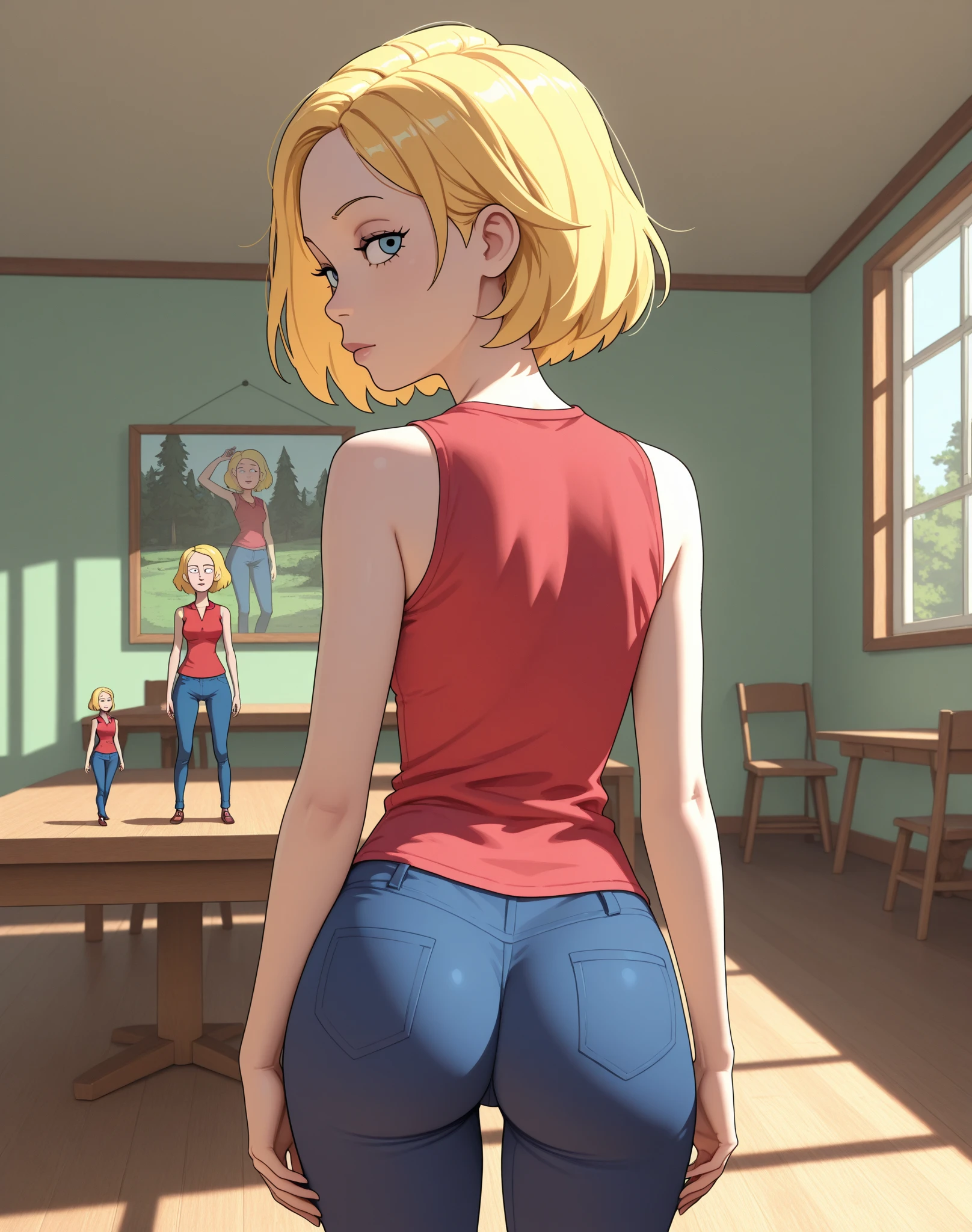 (best quality:1.3), (4K quality),masterpiece, best quality, high res, detailed, (Detailed face:1.2), (Detailed eyes:1.2), (Hourglass figure:1.2), CARTOON, ANIME, CARTOON ARTSTYLE, 1girl, solo, 36-years-old, tan olive skin, short blonde hair, pony tail style, emerald eyes, ((Wearing a red shirt and glossy black leggings)), standing in the middle of the living room, couch, TV, carpet, relaxed atmosphere, cinematic lighting, detailed background,

