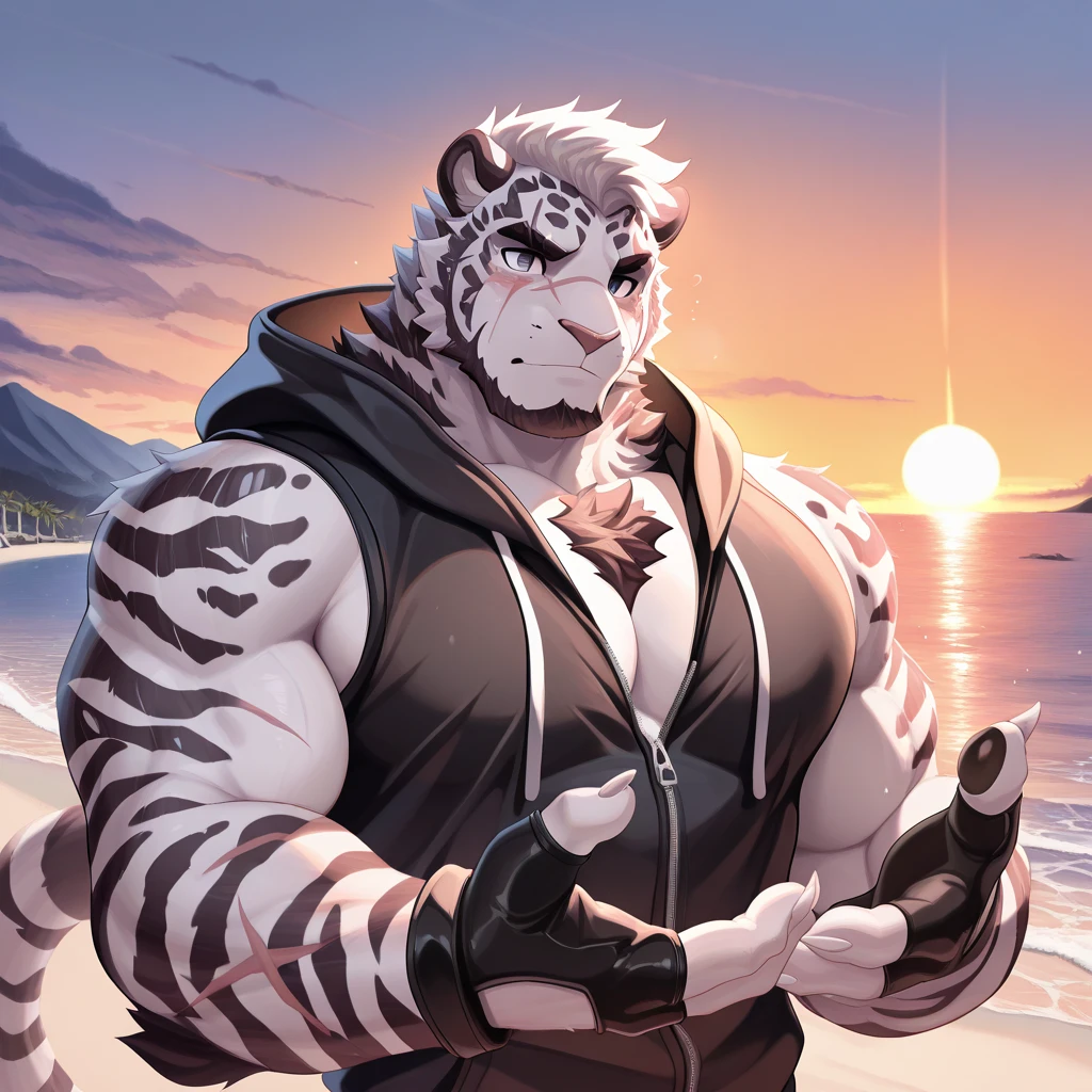 solo, 1boy, Huge Muscular White Polar Bear Dad bod, huge white fur, pectoral, huge pectoral, wide pectoral, short white hair, blue-colored short trunks, black wristbands and shirtless topless, bearded, white Mustache, white fur, tooth necklace, beach background, masterpiece, high detailed, 8k, high resolution, at the beach, running and jogging on the beach being athletic in sweat