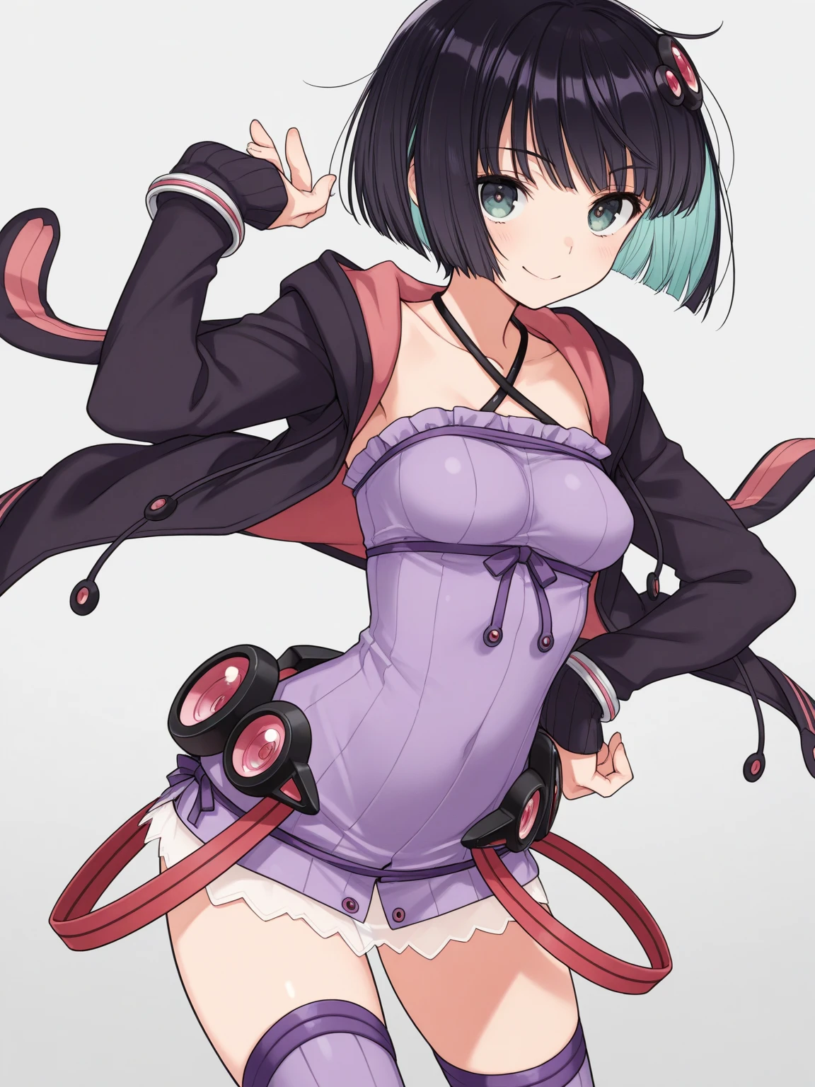 <lora:ricegnat_style:0.8>,((masterpiece,best quality)), absurdres, <lora:Marnie_Pokemon_Dim32:0.8>, Marnie_Pokemon, aqua eyes, black choker, red ribbon, pink dress, jewelry, black jacket, open clothes, long sleeves, solo, smiling, looking at viewer, cowboy shot, cinematic composition, contrapposto,